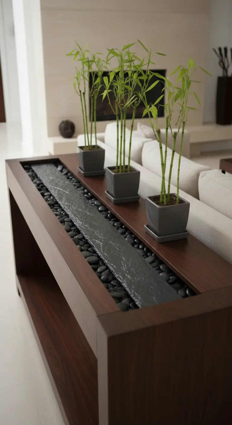 Mobile console in legno scuro con ruscello d'acqua integrato, ciottoli e piante di bambù.