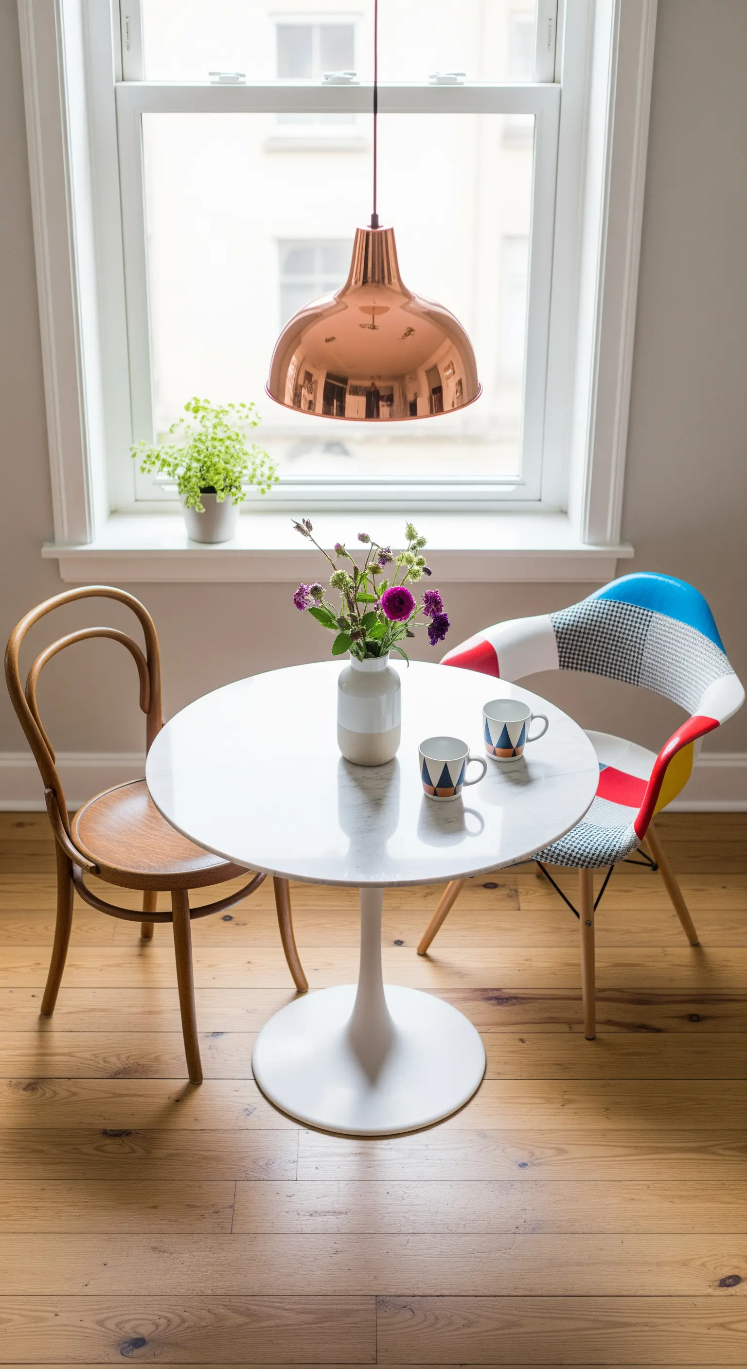 Tavolo rotondo in marmo con due sedie di stili diversi e una lampada in rame.