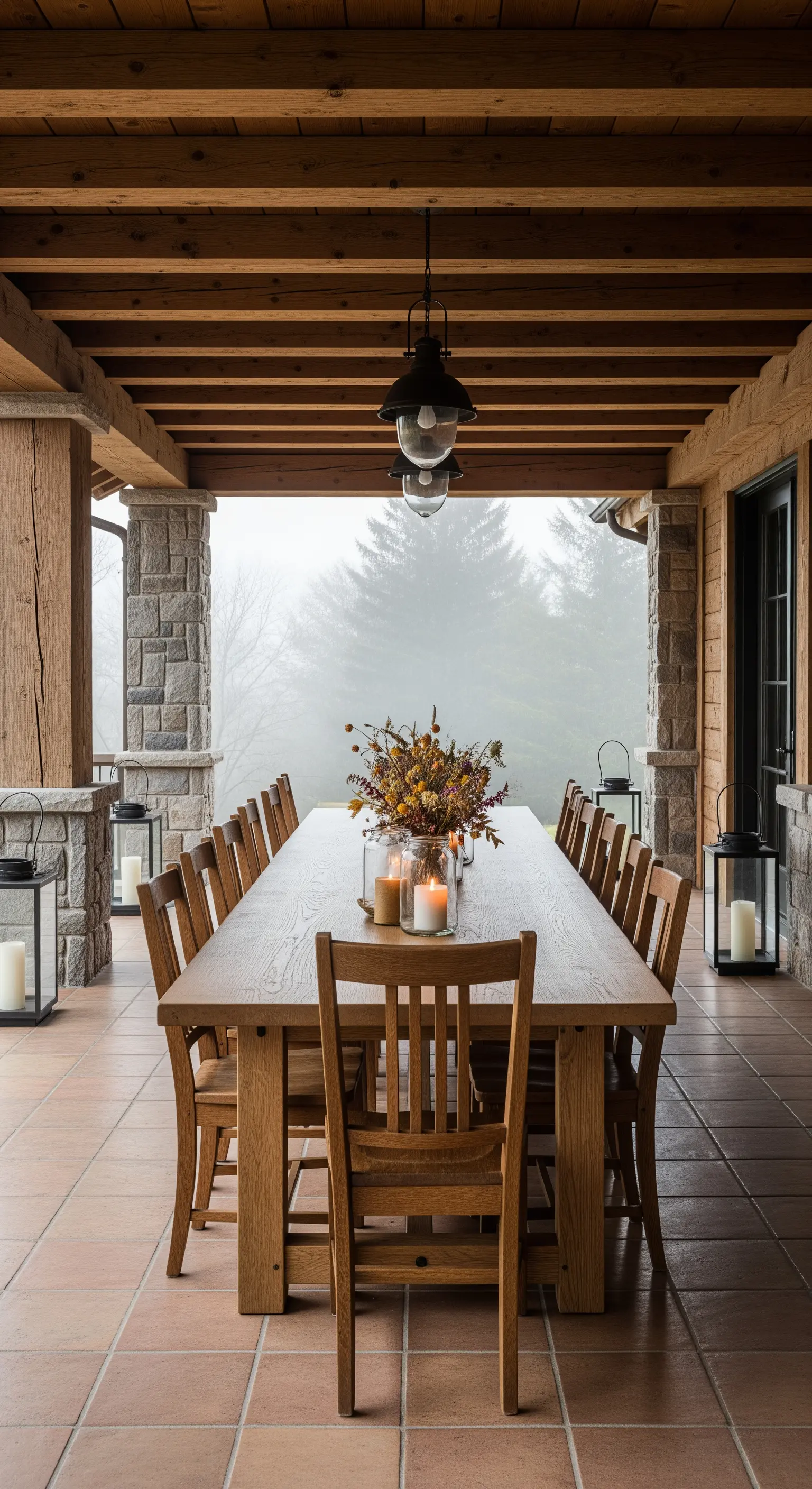 Lungo tavolo da pranzo in legno sotto un portico con colonne in pietra e travi a vista.