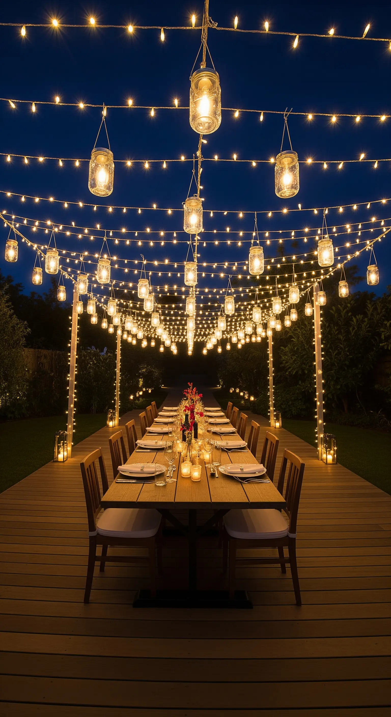 Tavolata all'aperto per una cena, sovrastata da un tetto di lucine e barattoli luminosi.