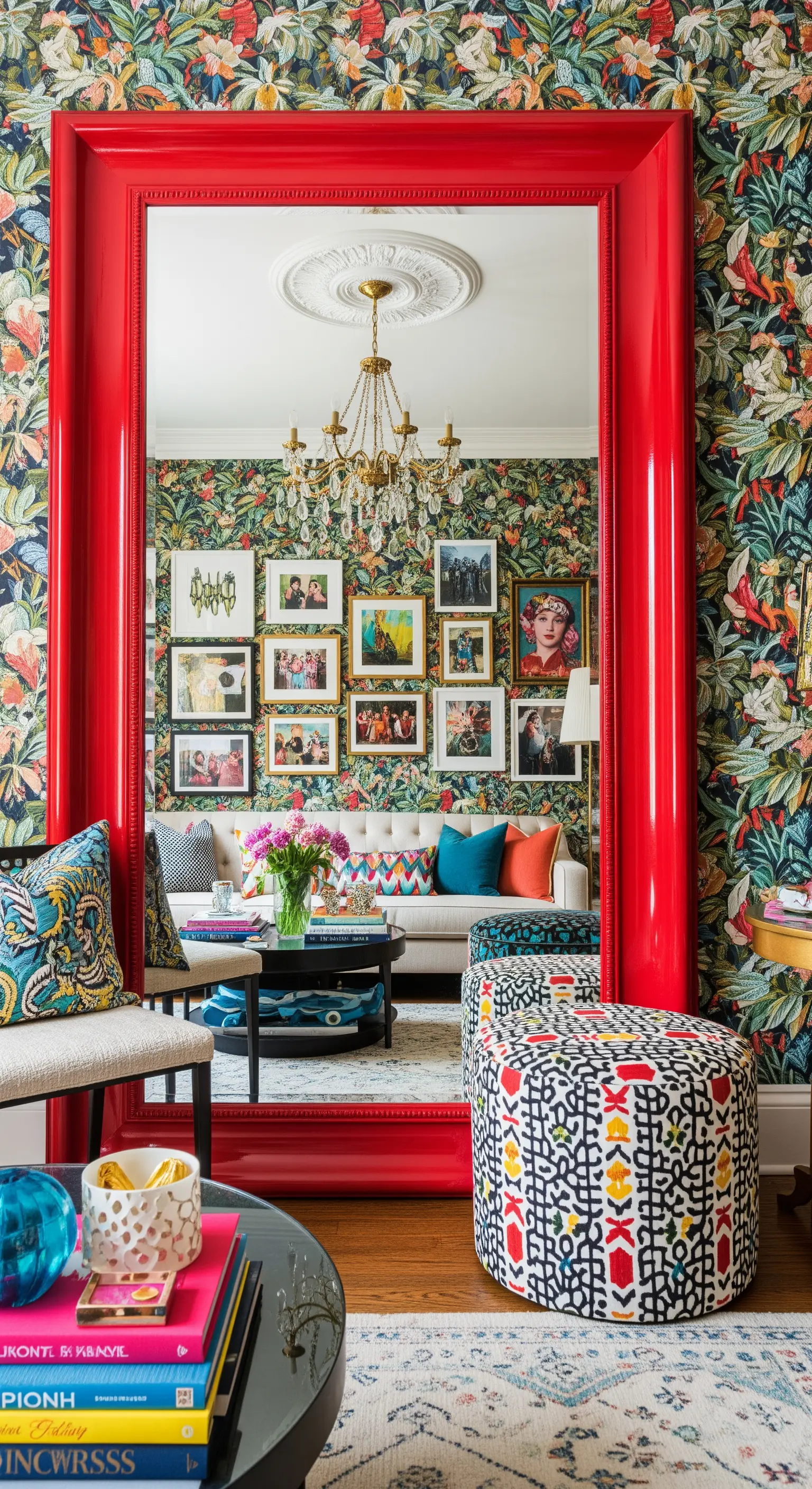 Enorme specchio con una spessa cornice laccata di rosso appoggiato a una parete con carta da parati floreale.