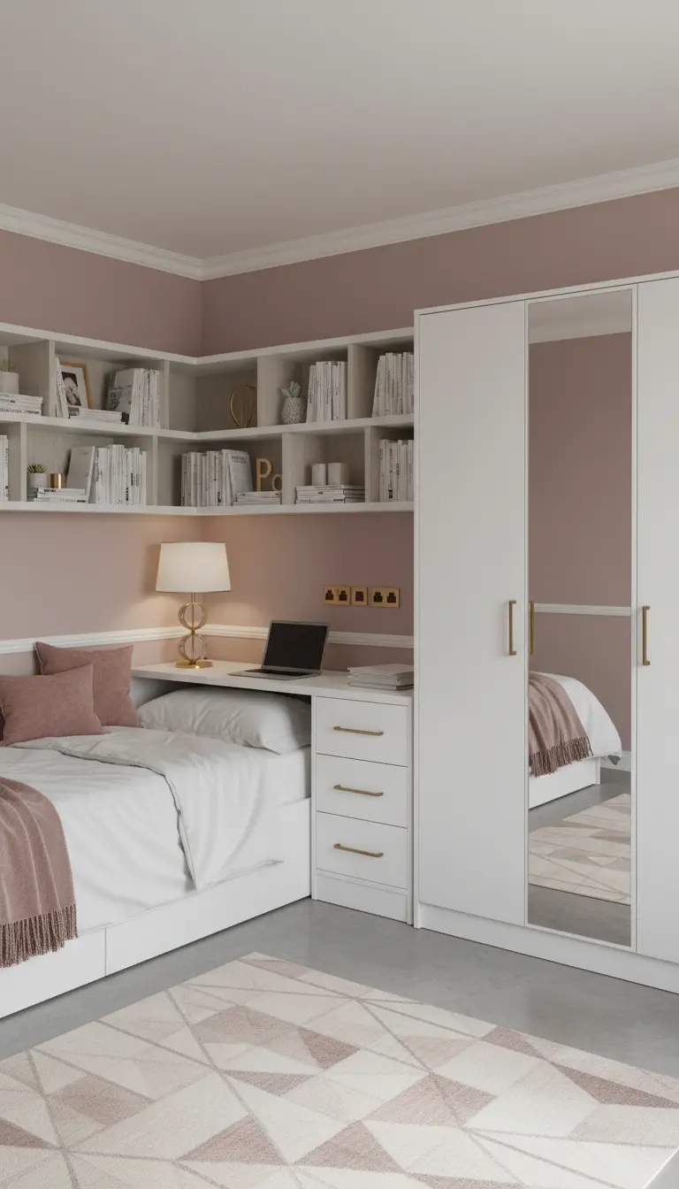 Letto inserito in una struttura a ponte bianca con librerie, armadio a specchio e scrivania.