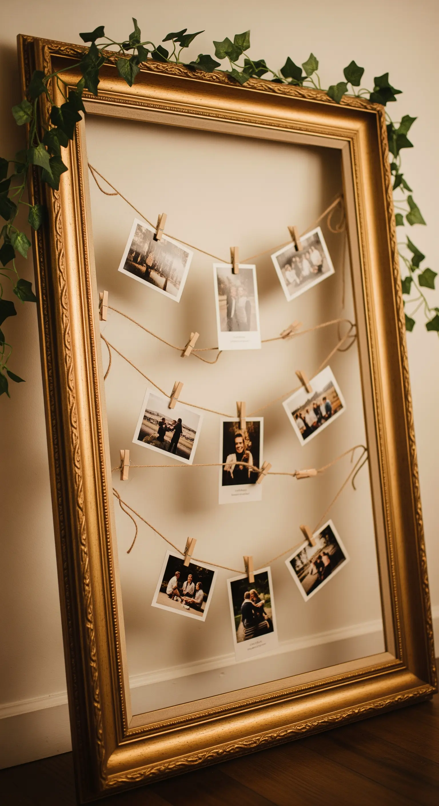 Grande cornice dorata vintage usata per appendere fotografie con spago e mollette di legno.