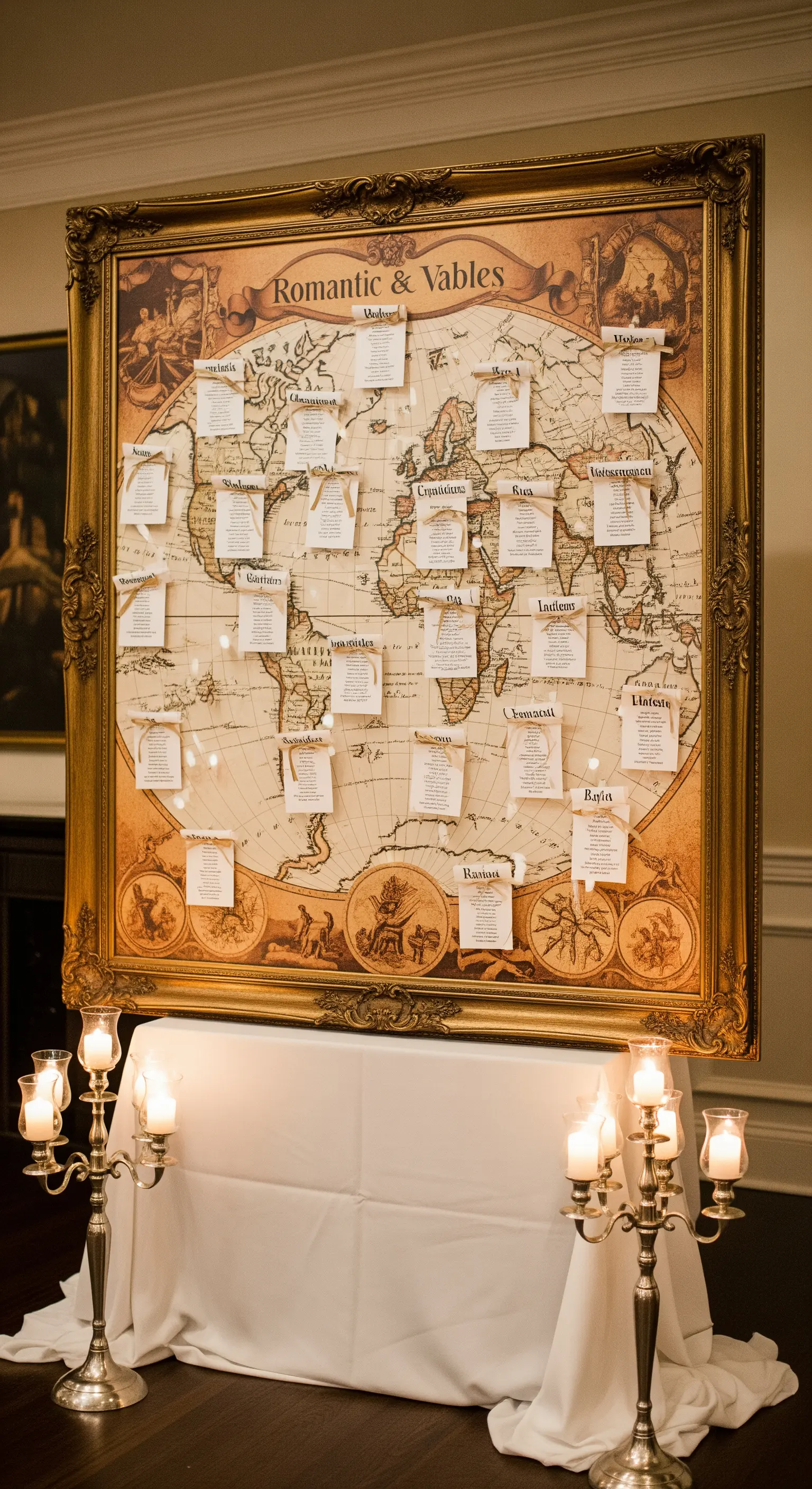 Tableau de mariage con mappa antica del mondo inserita in una sfarzosa cornice dorata.