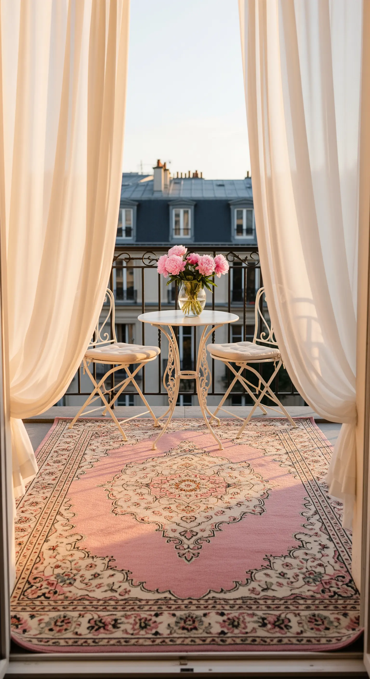 Balcone parigino con set bistrot bianco, tappeto rosa antico e tende in voile.