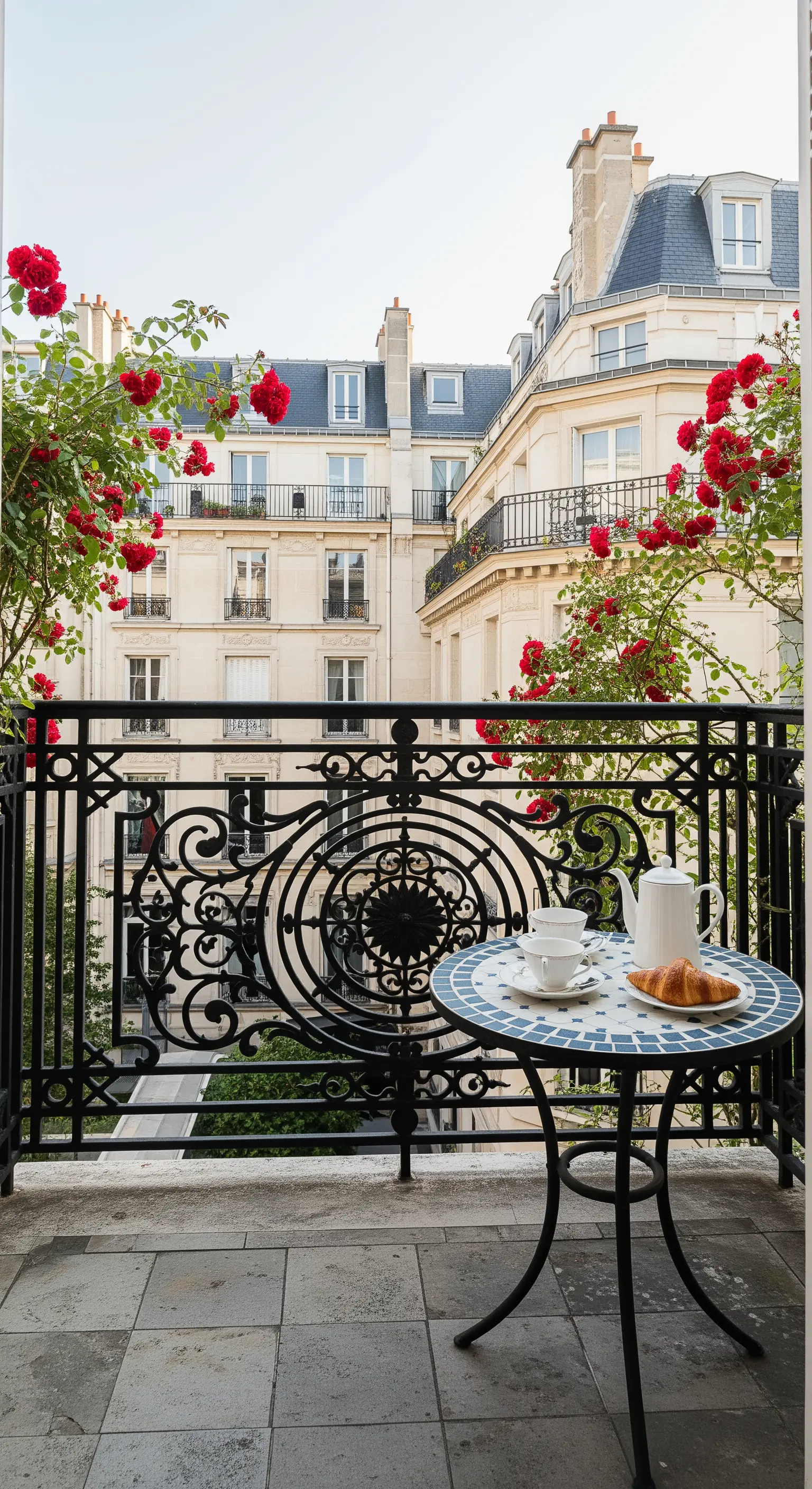 Tavolino da bistrot con mosaico su un balcone parigino con rose rosse rampicanti