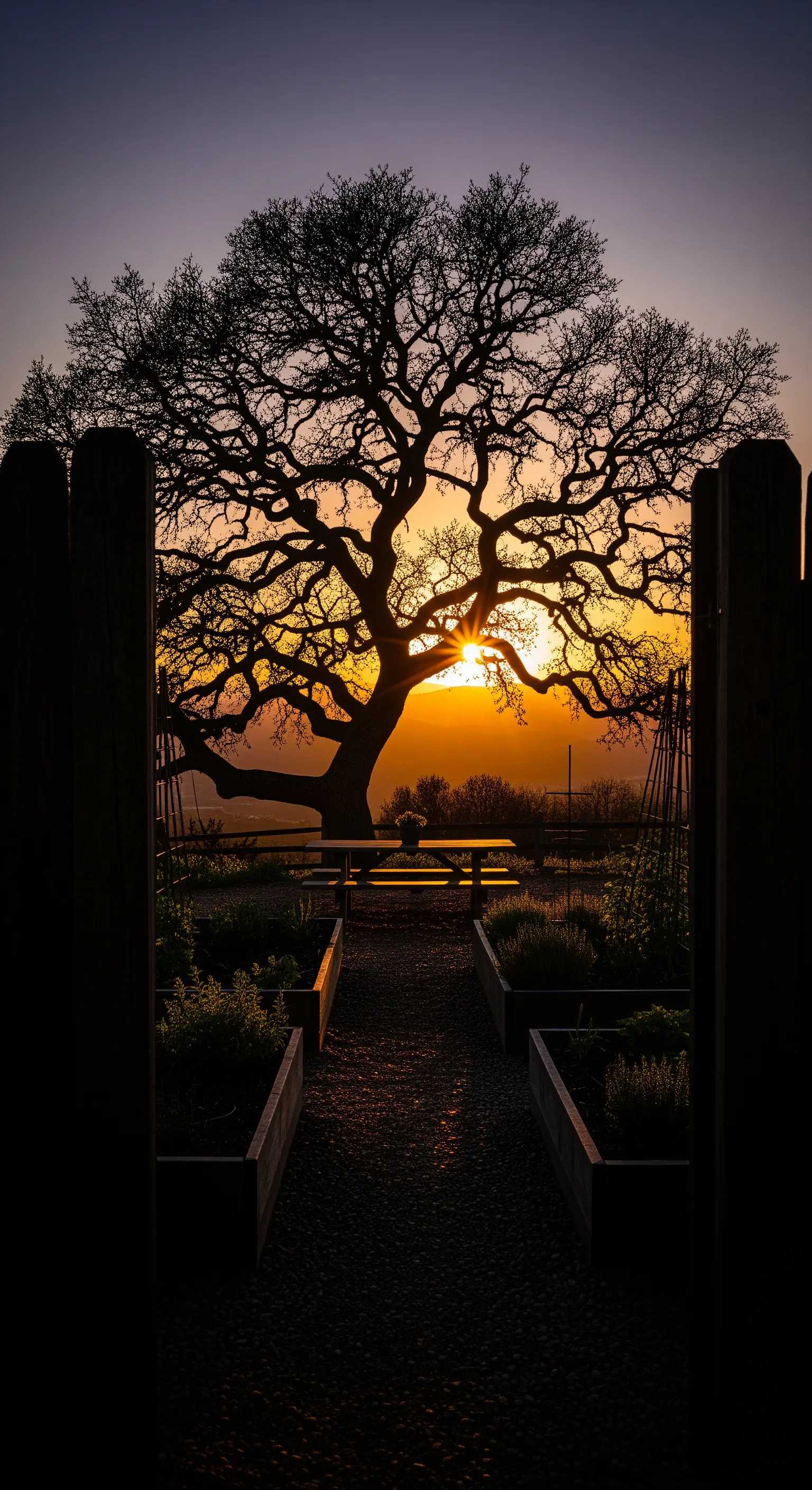 Silhouette di un albero e di un orto rialzato che incorniciano un tramonto spettacolare.