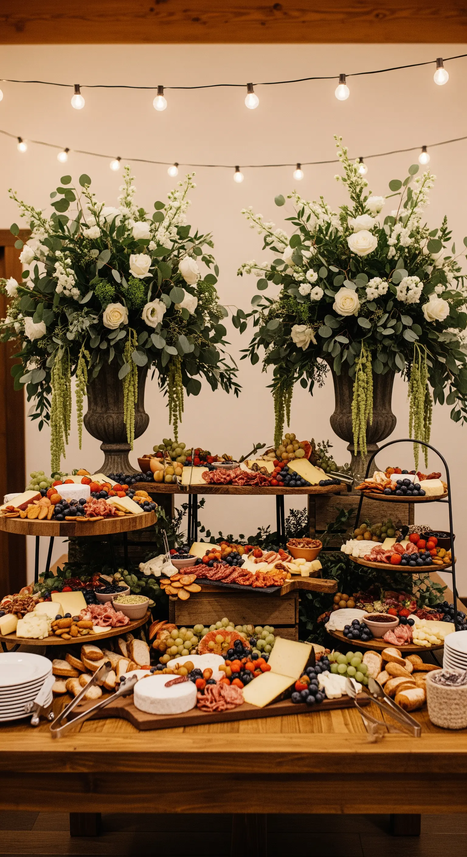 Grande tavolo da buffet con taglieri di salumi e formaggi, incorniciato da due enormi vasi di fiori bianchi.