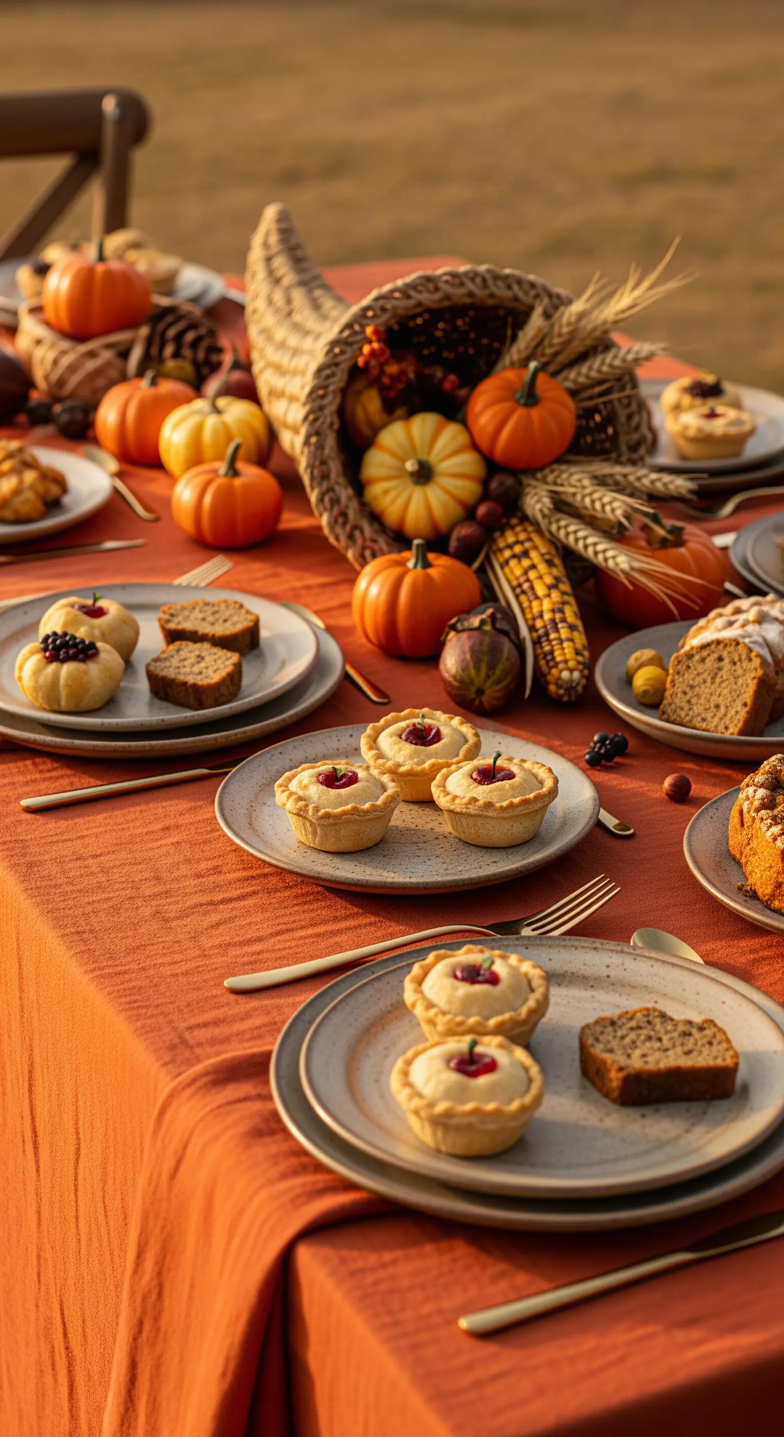 Tavola autunnale con una cornucopia piena di zucche e spighe di grano.