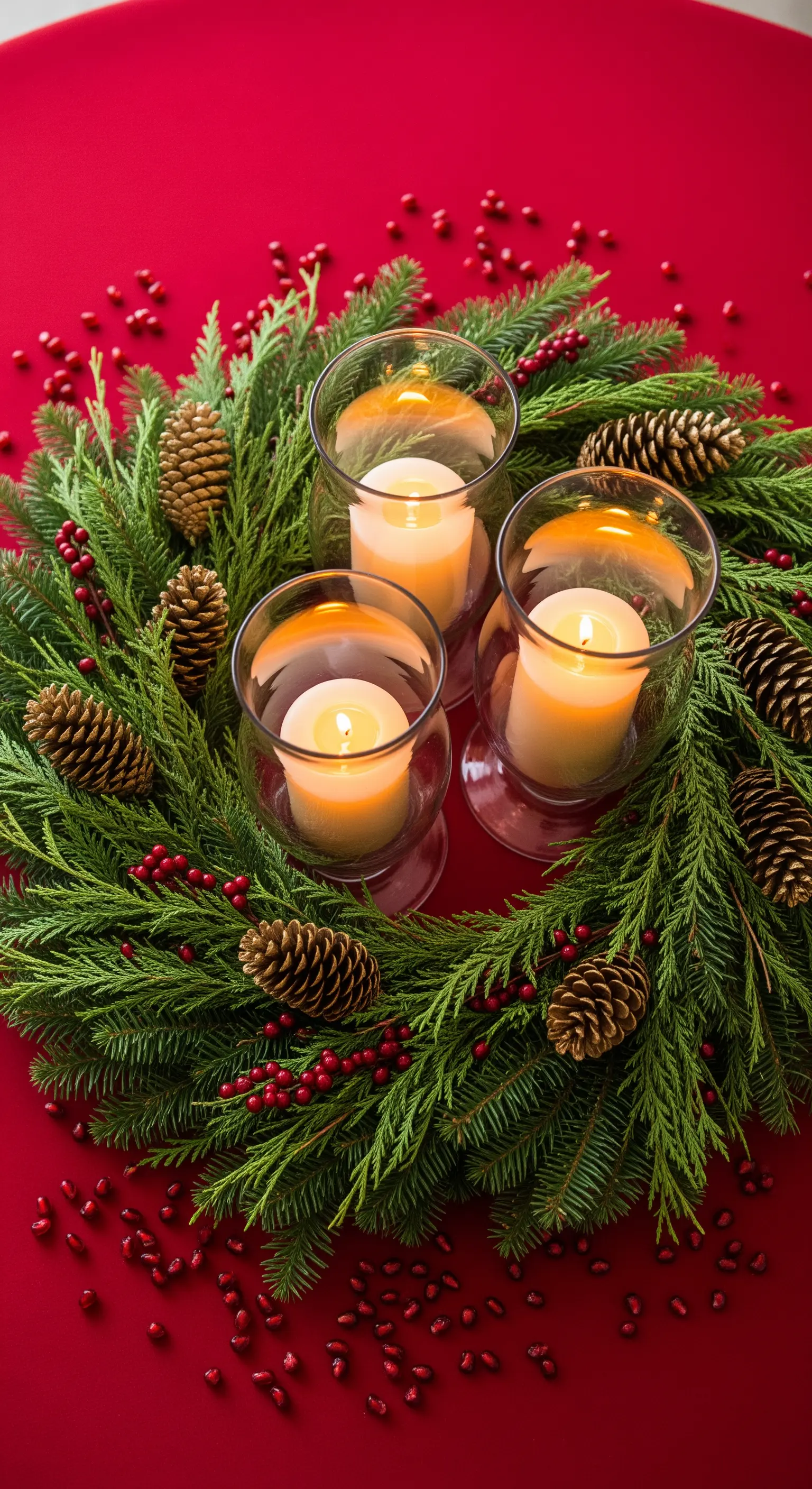 Centrotavola a corona di pino con tre candele in vasi di vetro.