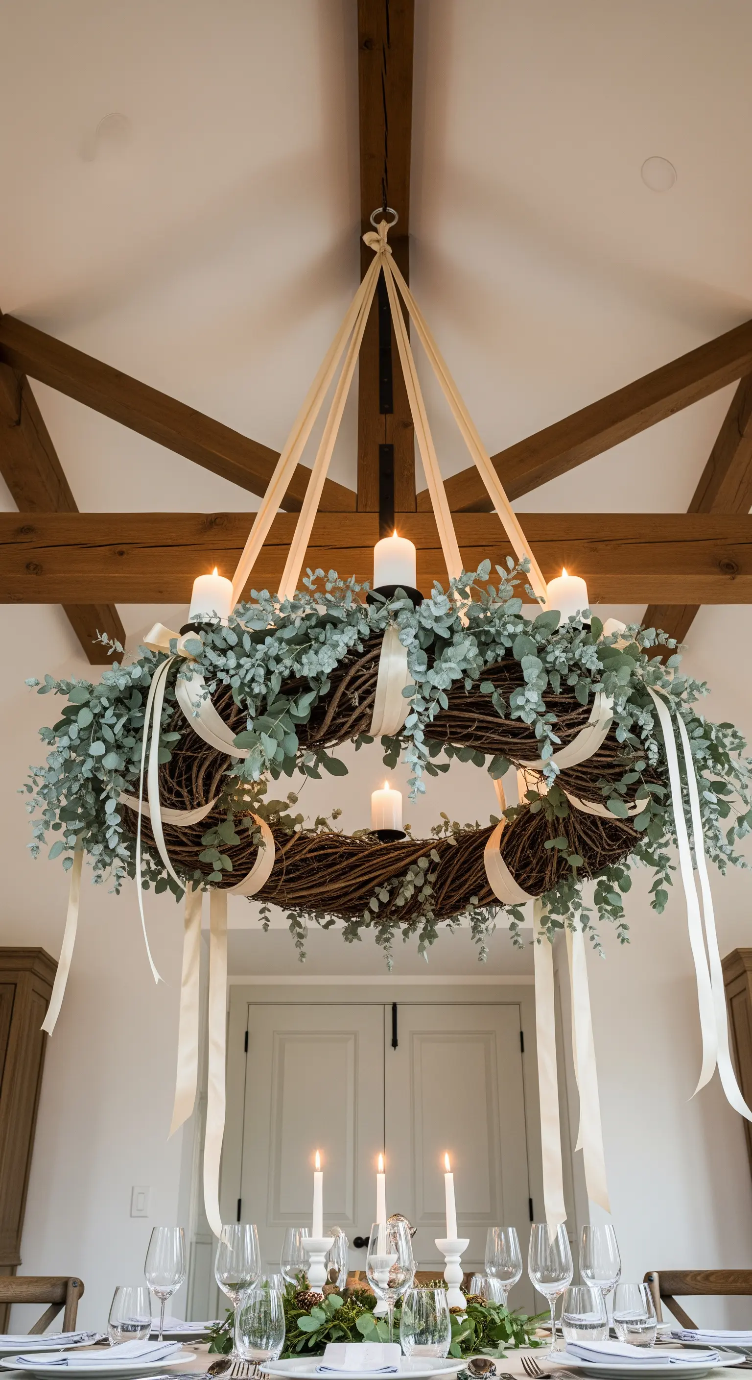 Grande corona dell'Avvento sospesa con eucalipto e candele sopra un tavolo da pranzo.