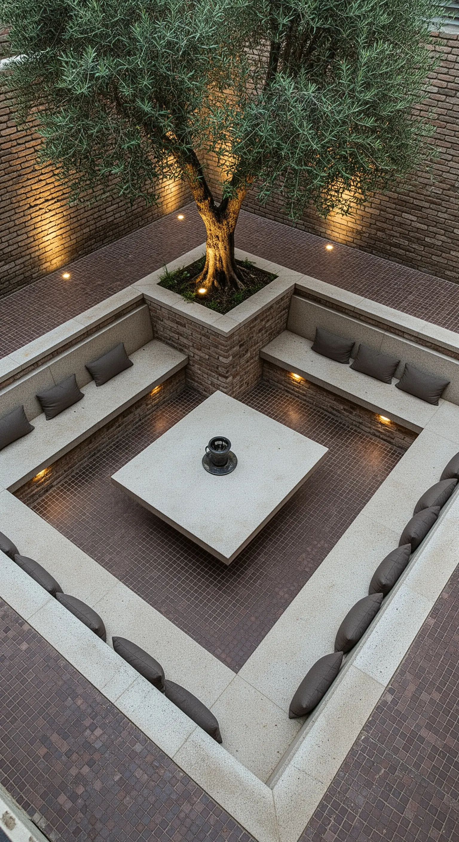 Corte interna con sedute in muratura, un ulivo centrale e illuminazione dal basso.