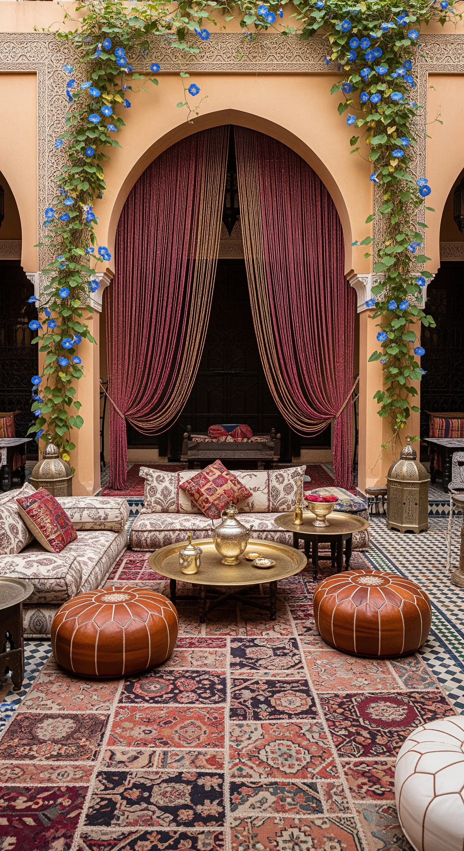 Corte interna in stile marocchino con archi, tende bordeaux, divani bassi e tappeti persiani.