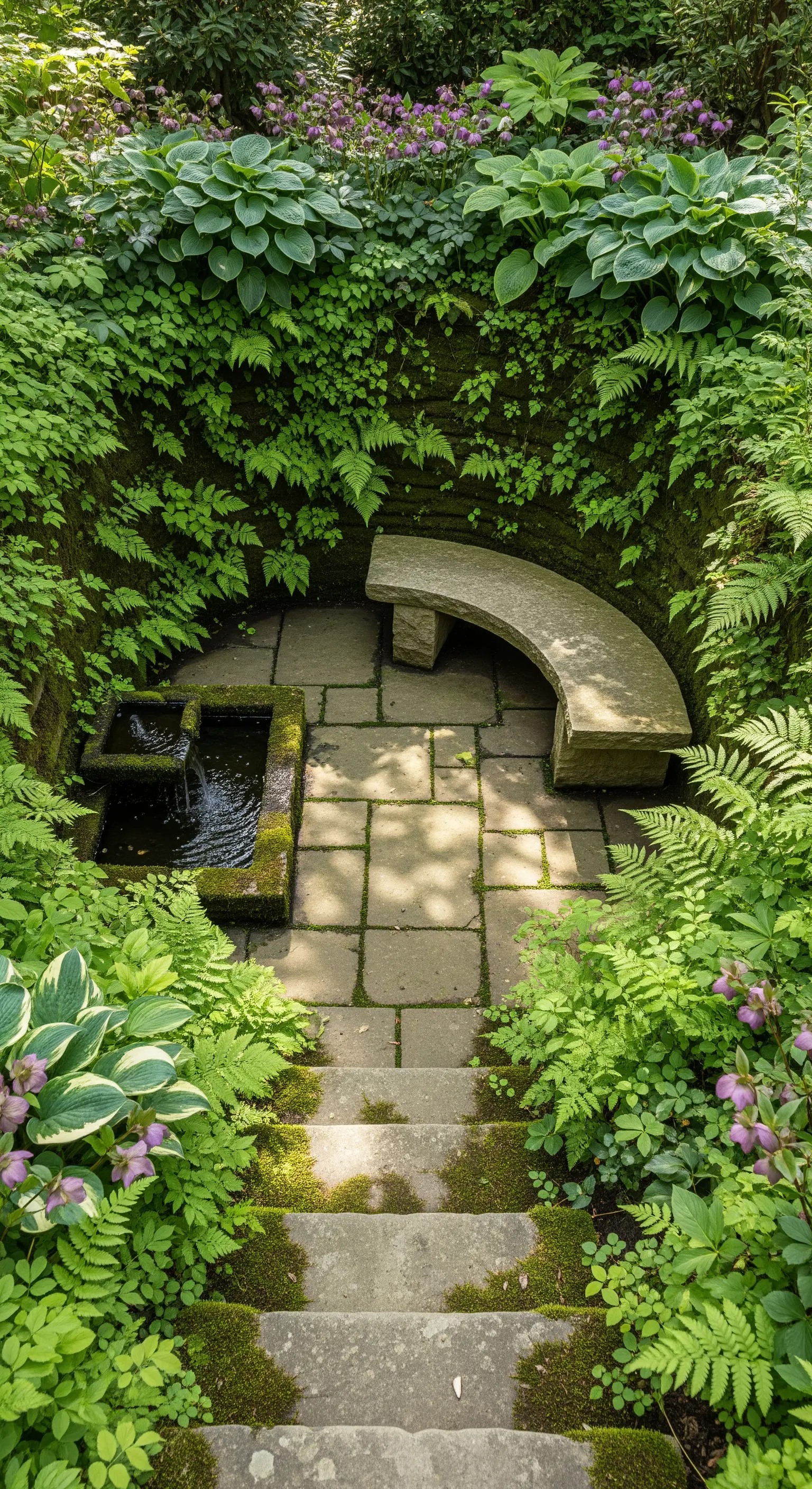 Giardino sommerso con gradini in pietra, panca curva e piccola fontana, circondato da felci.