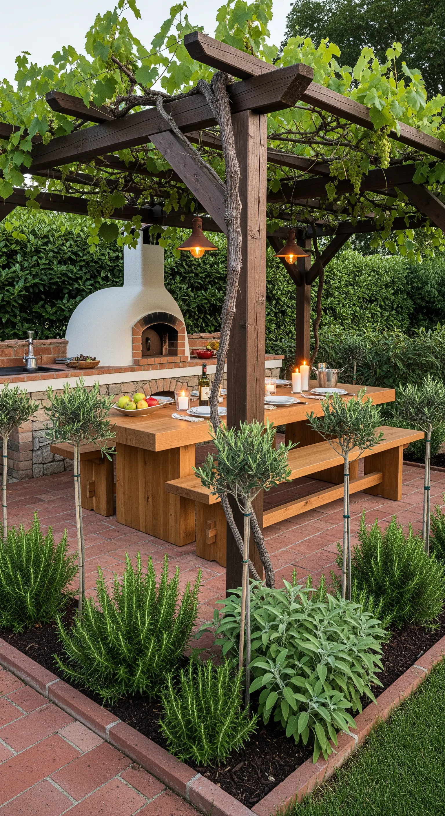 Zona pranzo esterna con tavolo in legno, forno a legna e un pergolato di vite.