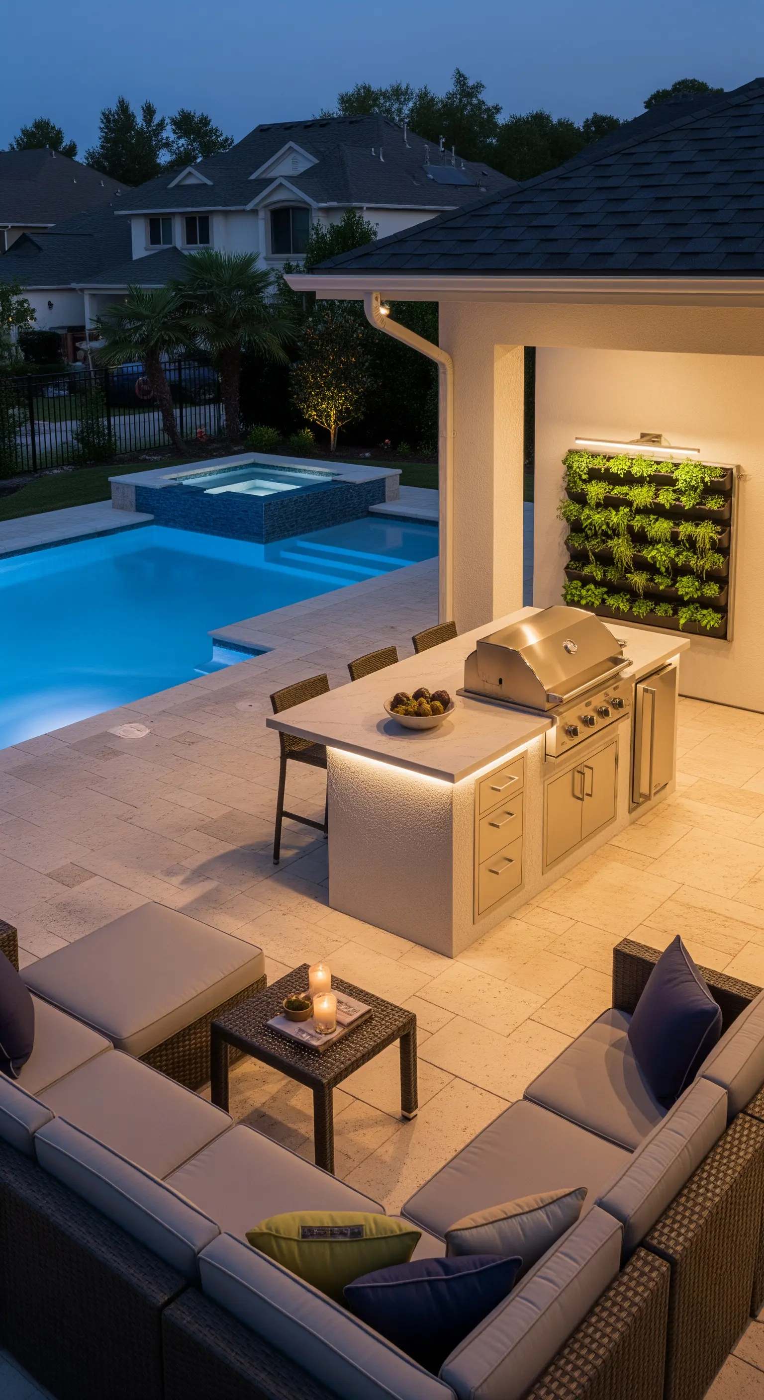 Area esterna di notte con cucina illuminata, divano modulare, piscina e vasca idromassaggio.