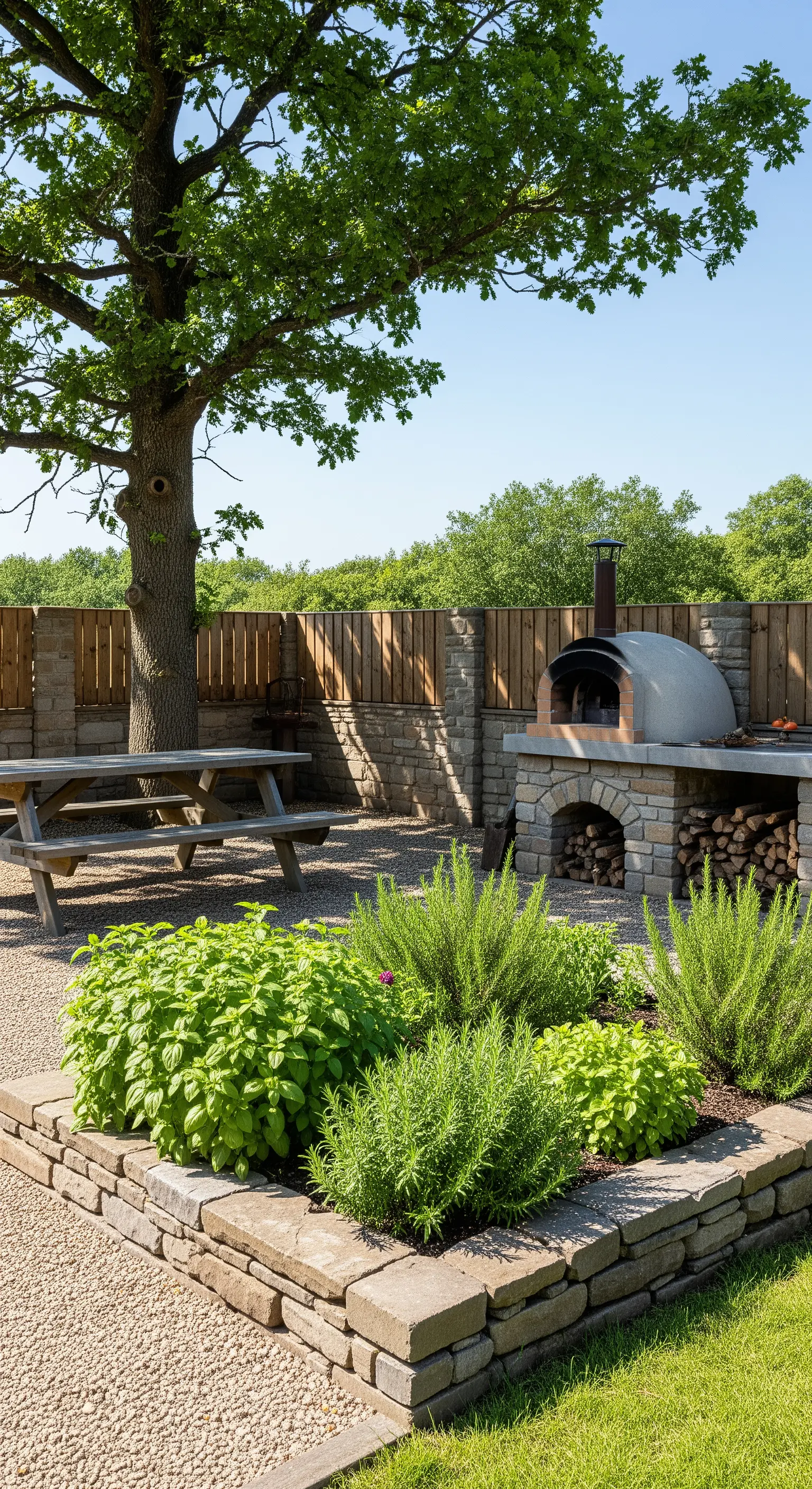Forno a legna in pietra in un giardino con aiuole di erbe aromatiche e un tavolo da picnic.