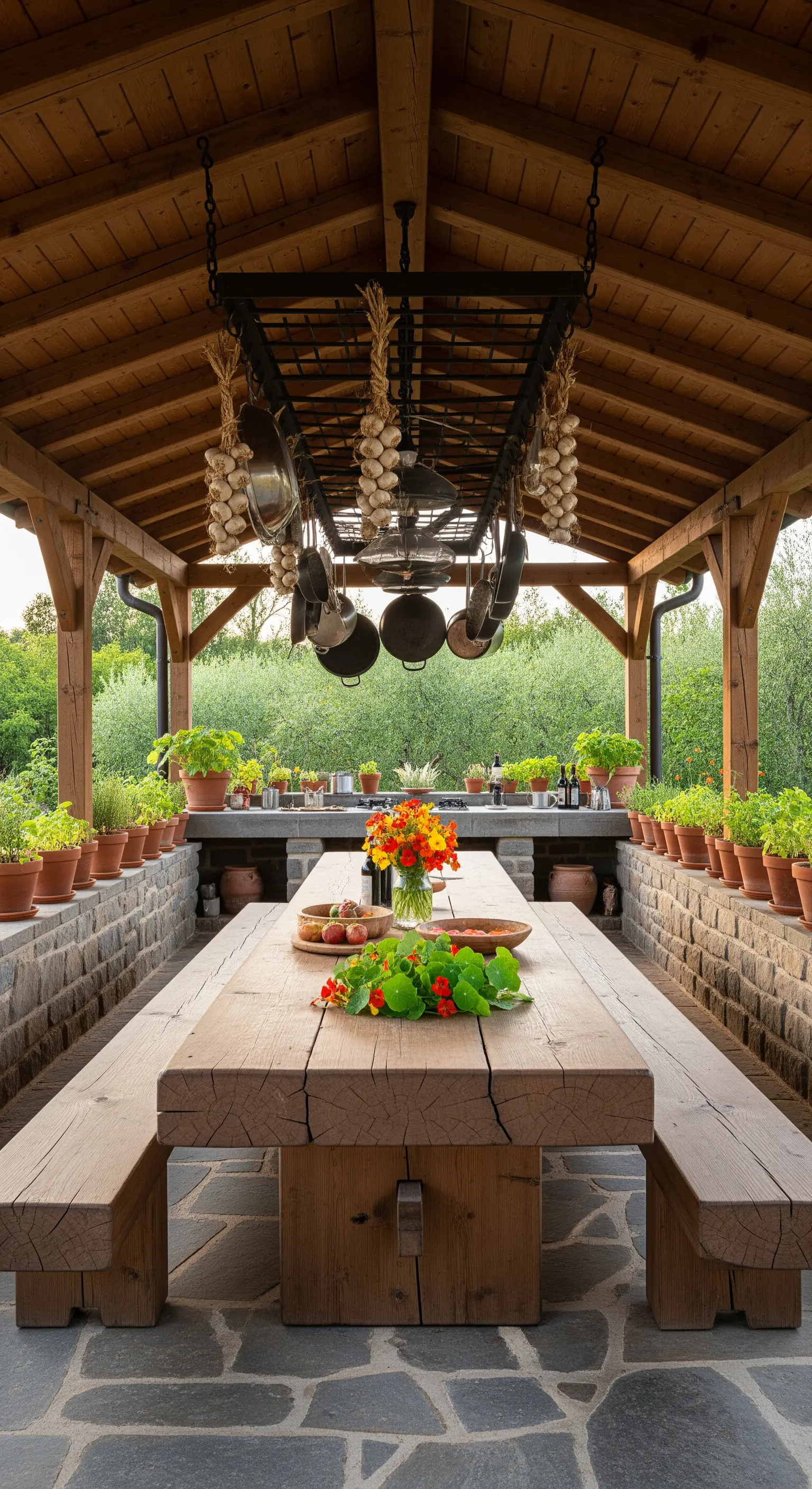 Portico allestito come cucina esterna con lungo tavolo in legno e pentole appese.