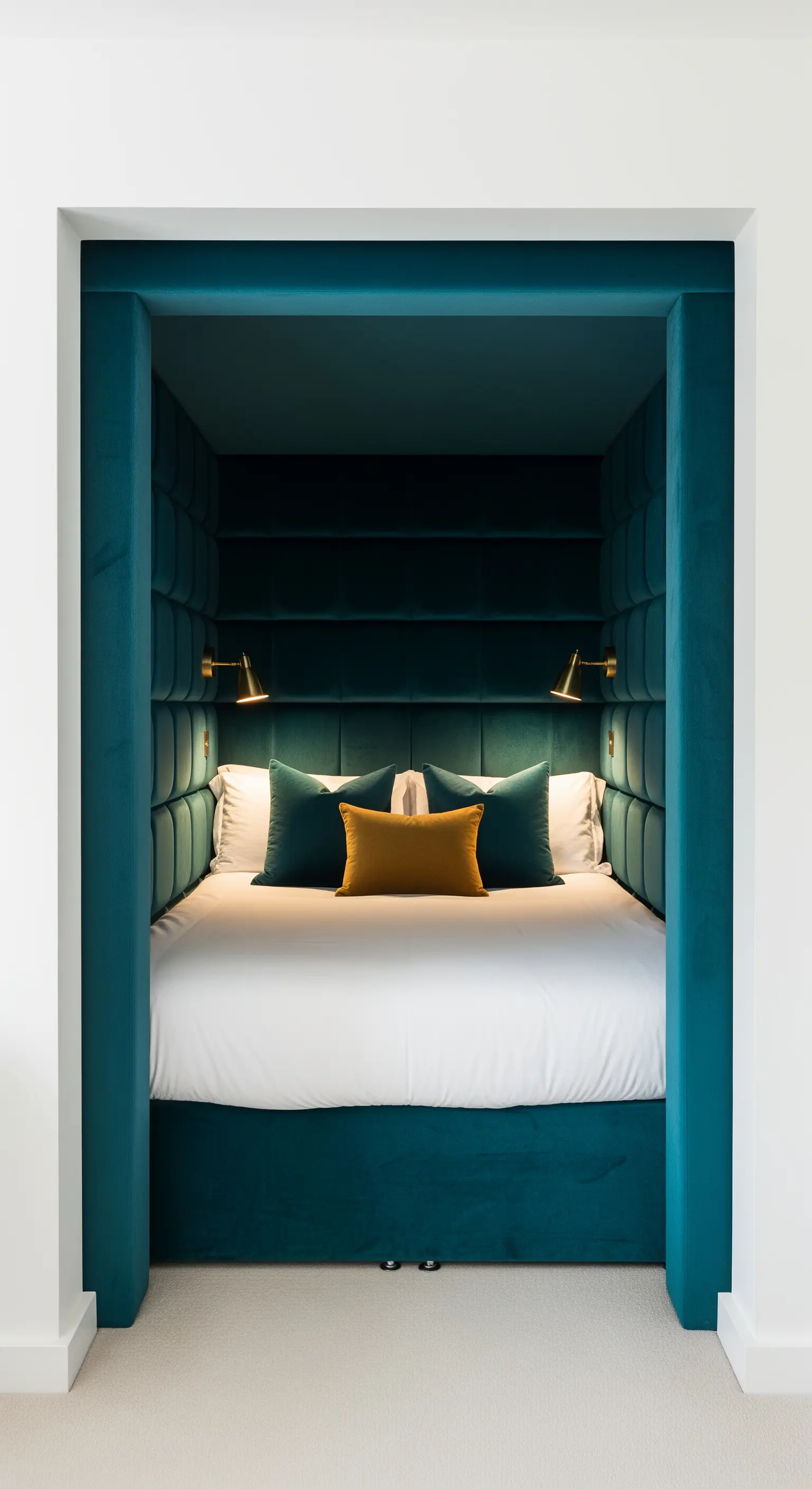 Letto inserito in una profonda nicchia imbottita in velluto color petrolio.