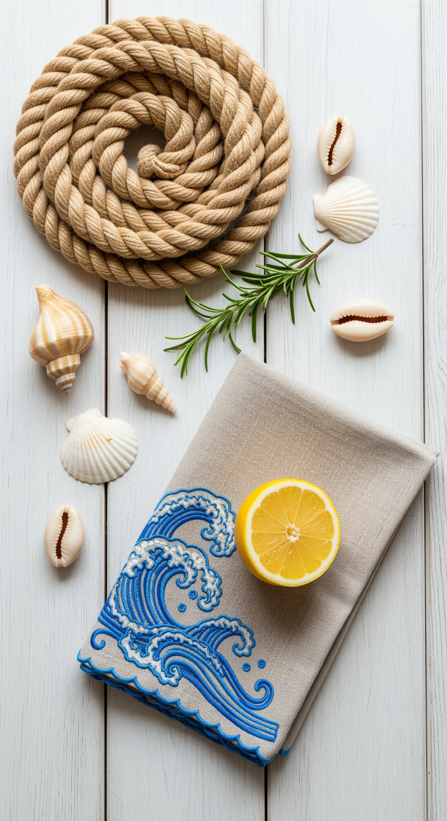Composizione su legno bianco con corda, conchiglie e un canovaccio in lino ricamato con un'onda.