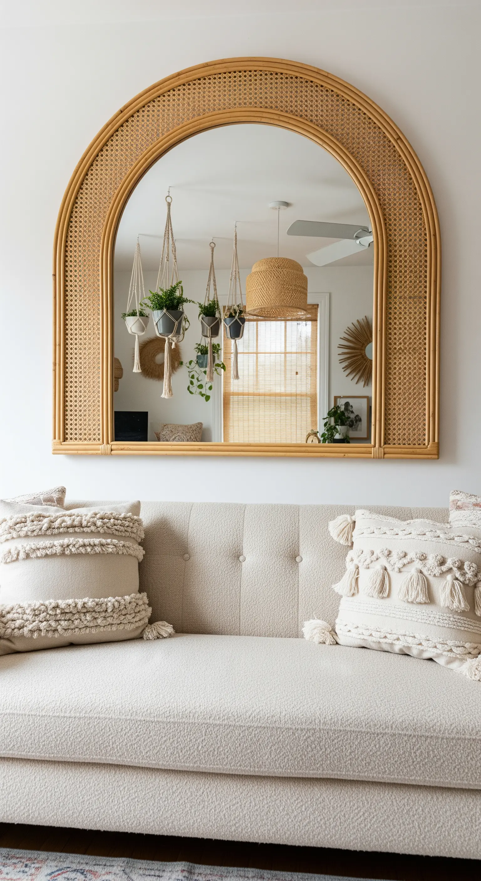 Specchio ad arco con cornice in rattan sopra un divano bouclé color crema.