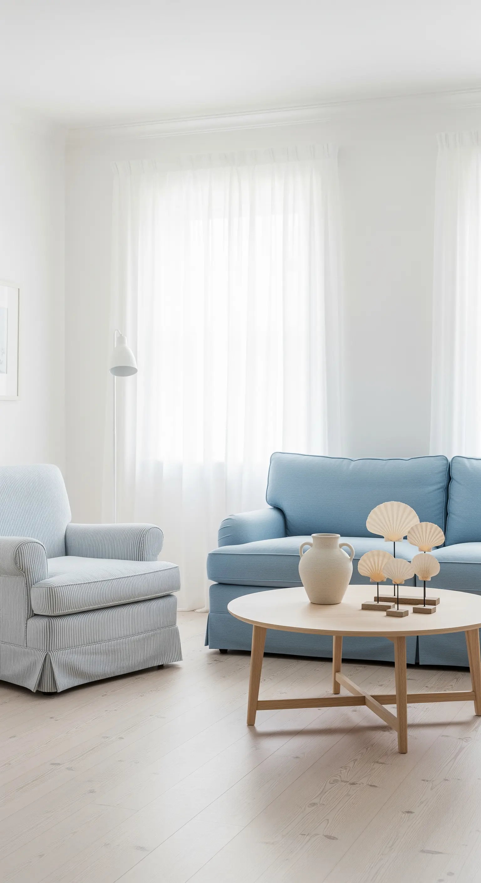 Soggiorno minimalista con divano azzurro, poltrona a righe e tende bianche leggere.