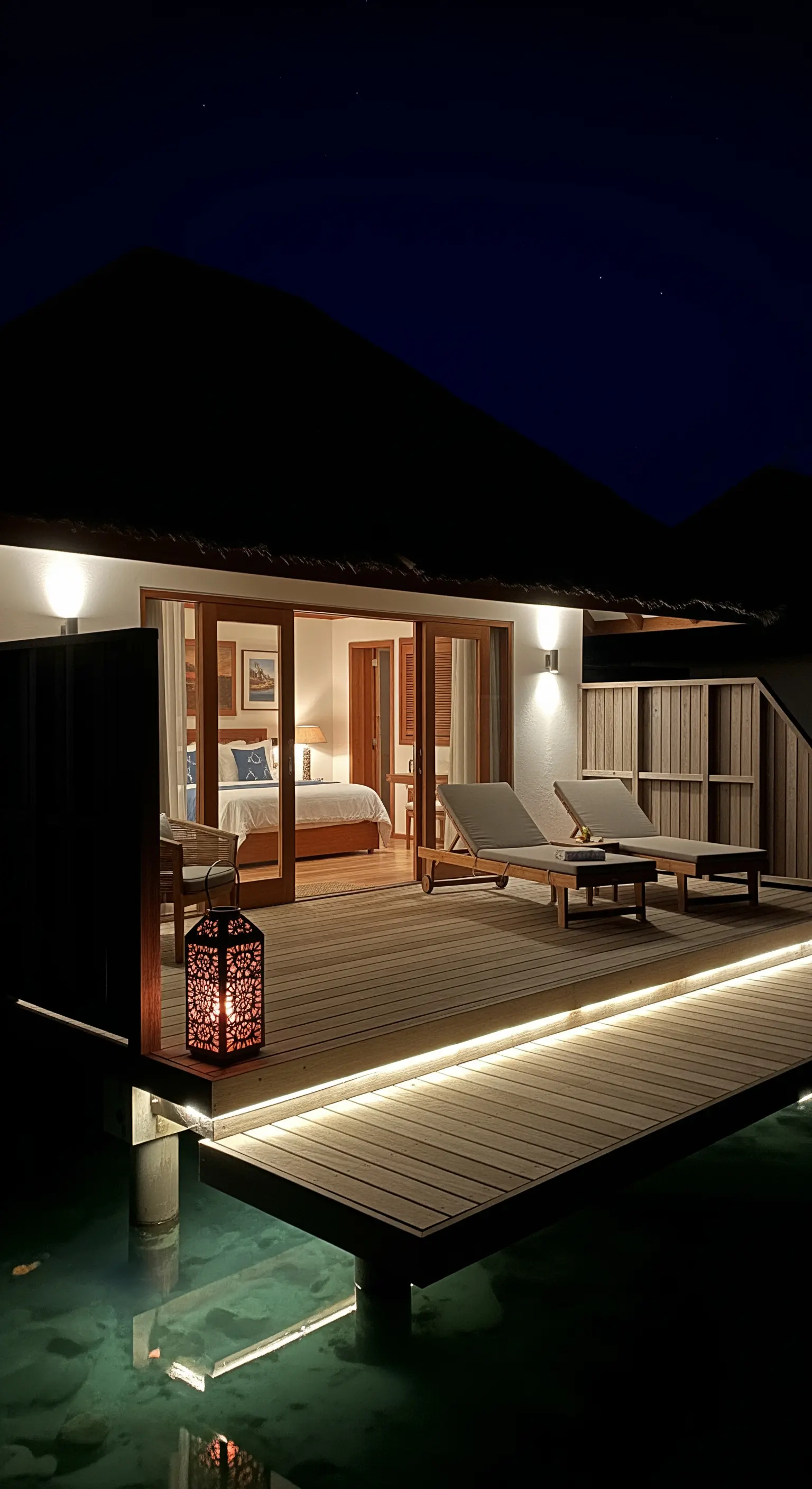 Terrazza in legno di una villa sull'acqua con strisce LED integrate lungo il bordo.
