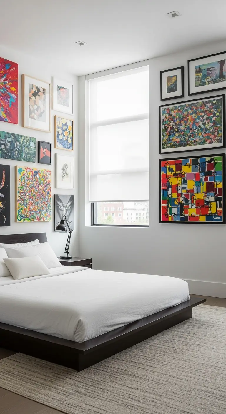 Camera da letto moderna con pareti coperte di quadri e una semplice tenda a rullo bianca.