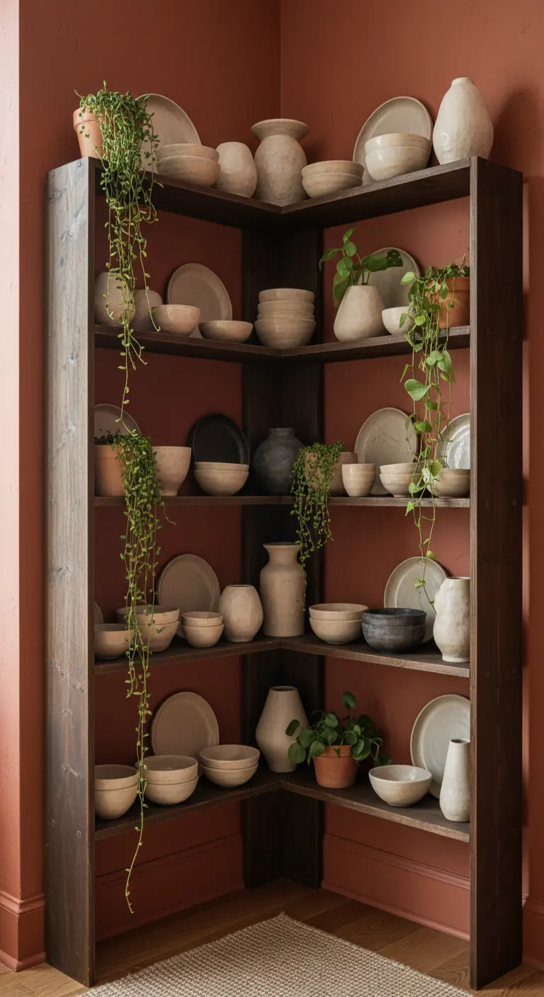 Libreria angolare in legno scuro con una collezione di ceramiche artigianali e piccole piante.