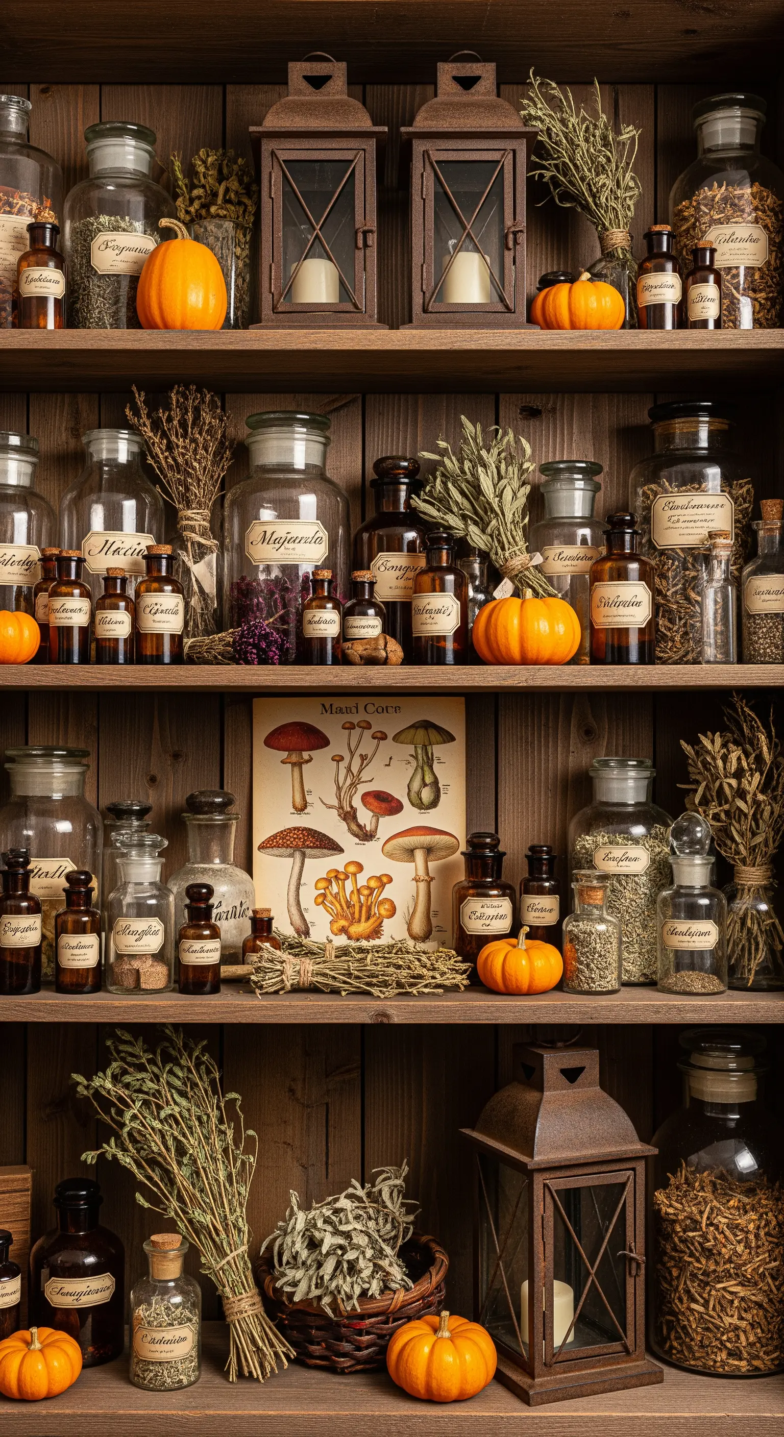 Scaffali in legno pieni di barattoli da speziale, erbe secche, zucche e lanterne per Halloween.