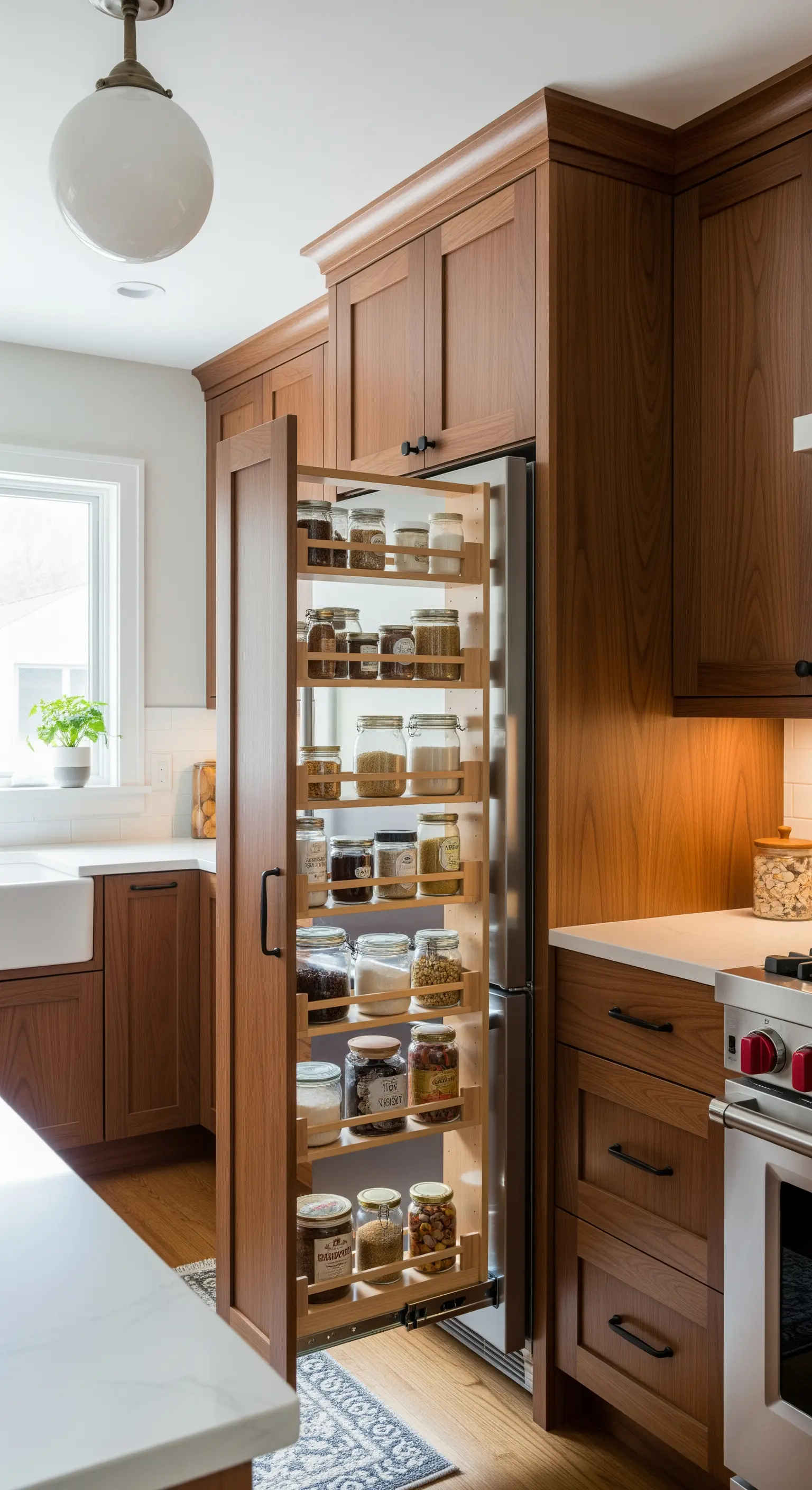 Dispensa alta e stretta estraibile in legno, accanto al frigorifero.