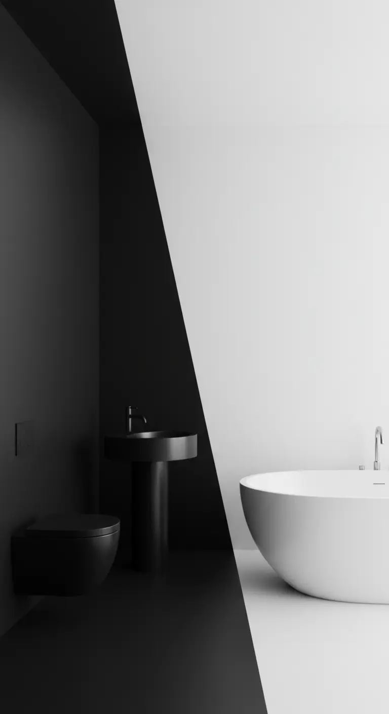 Bagno diviso in due da una linea diagonale: una parte nera e una bianca.
