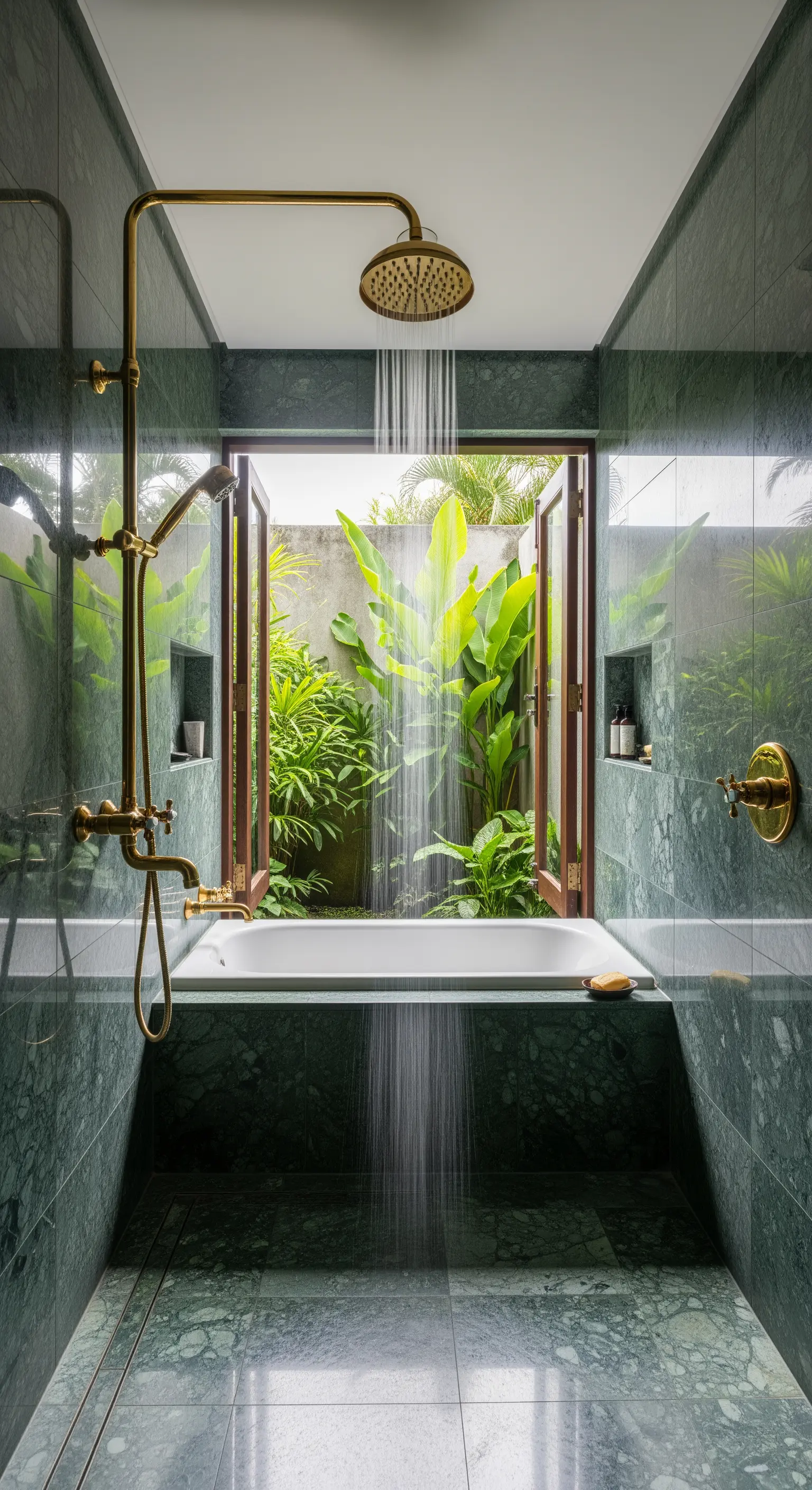Doccia in marmo verde con una grande finestra aperta su un giardino tropicale.