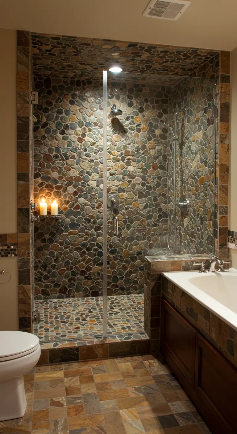 Box doccia interamente rivestito in ciottoli di fiume multicolore, con porta in vetro.