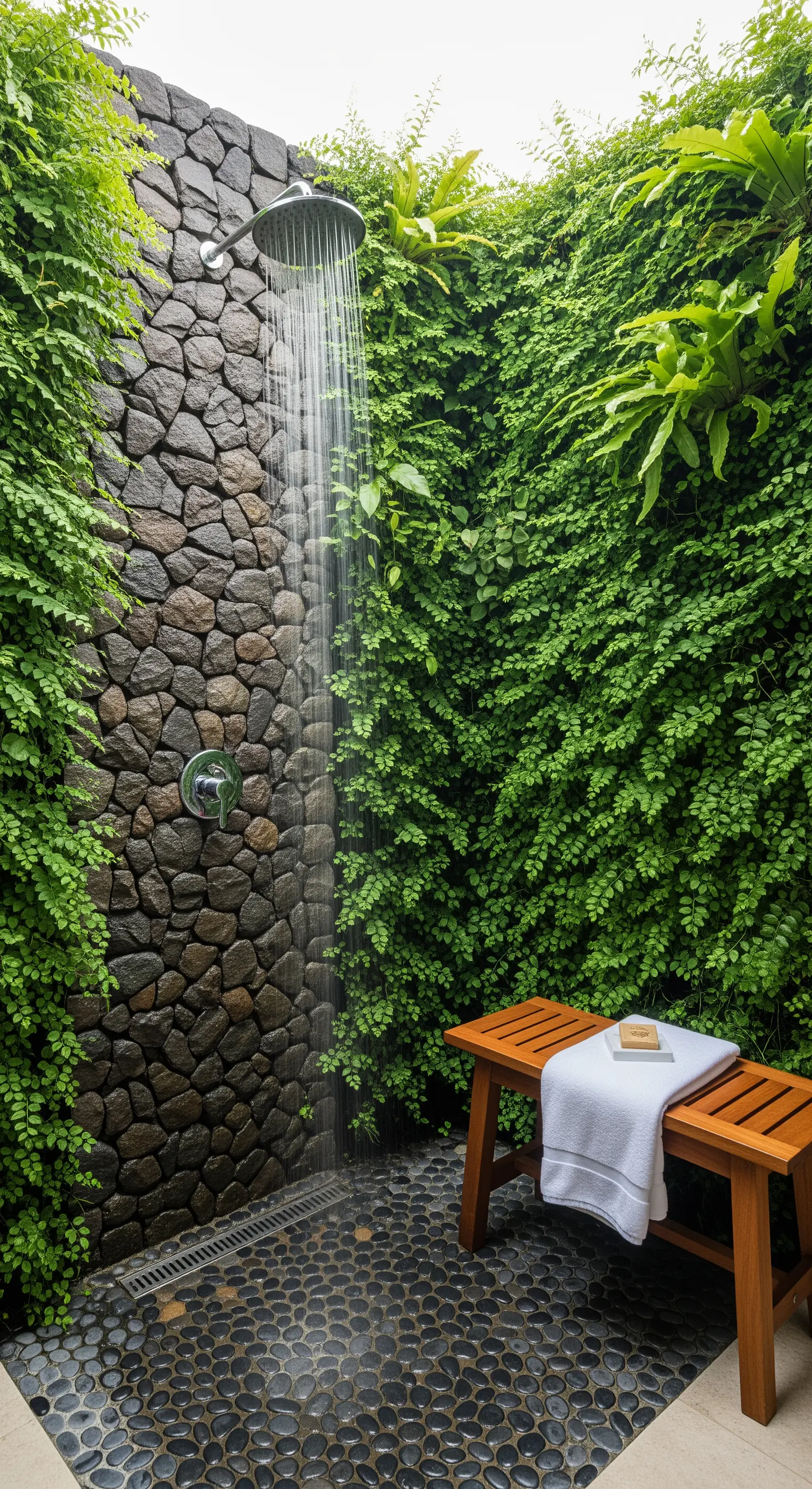 Doccia esterna con parete in pietra e pavimento in ciottoli, racchiusa da una fitta vegetazione.