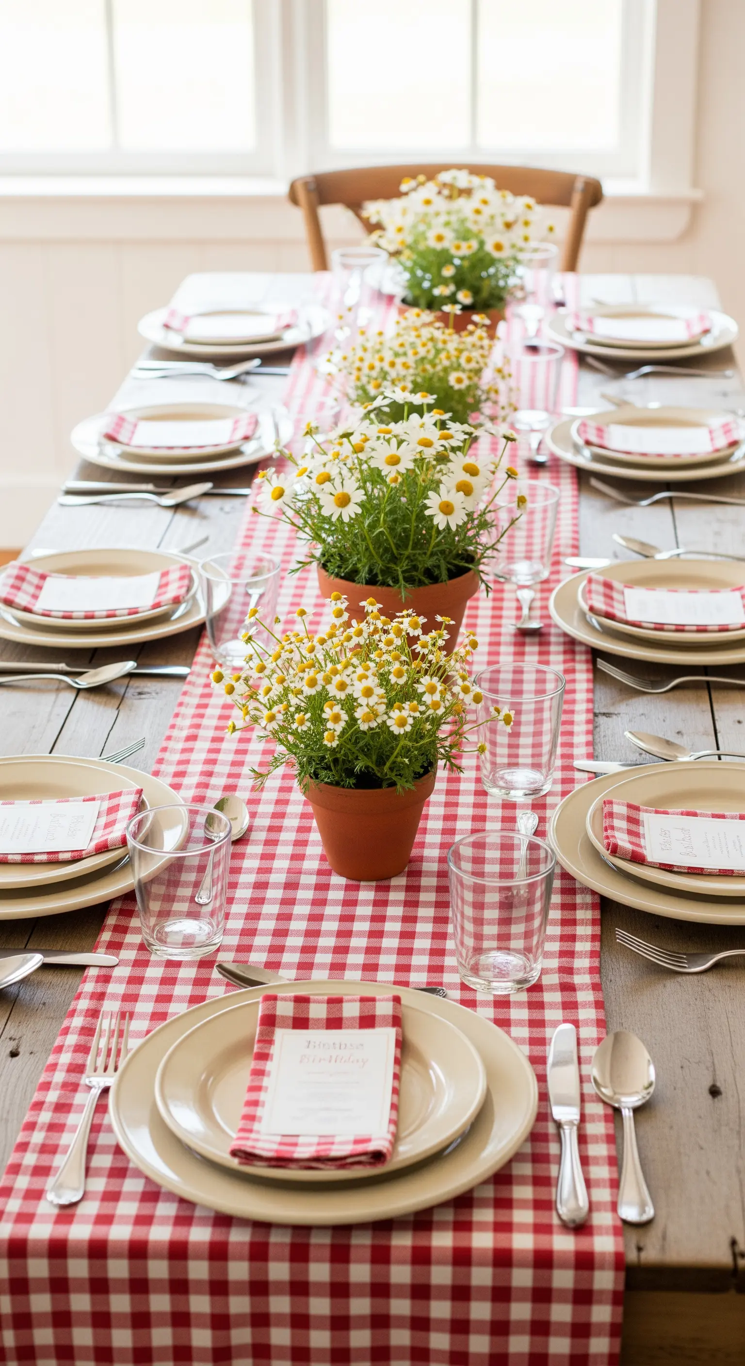 Tavola rustica con runner a quadri rossi e margherite in vasi di terracotta.