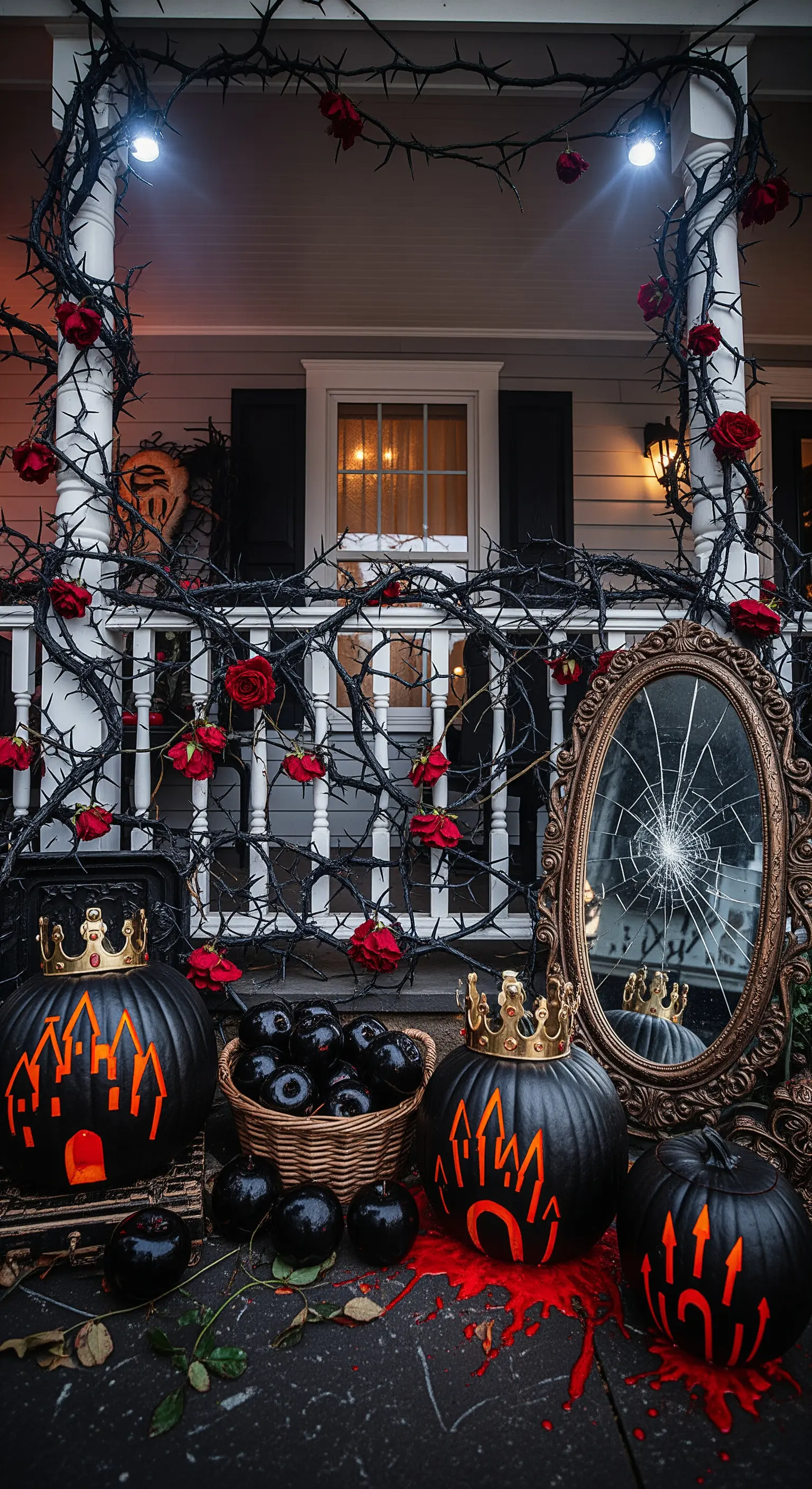 Decorazione a tema favola oscura con zucche nere incoronate, rose rosse e uno specchio rotto.