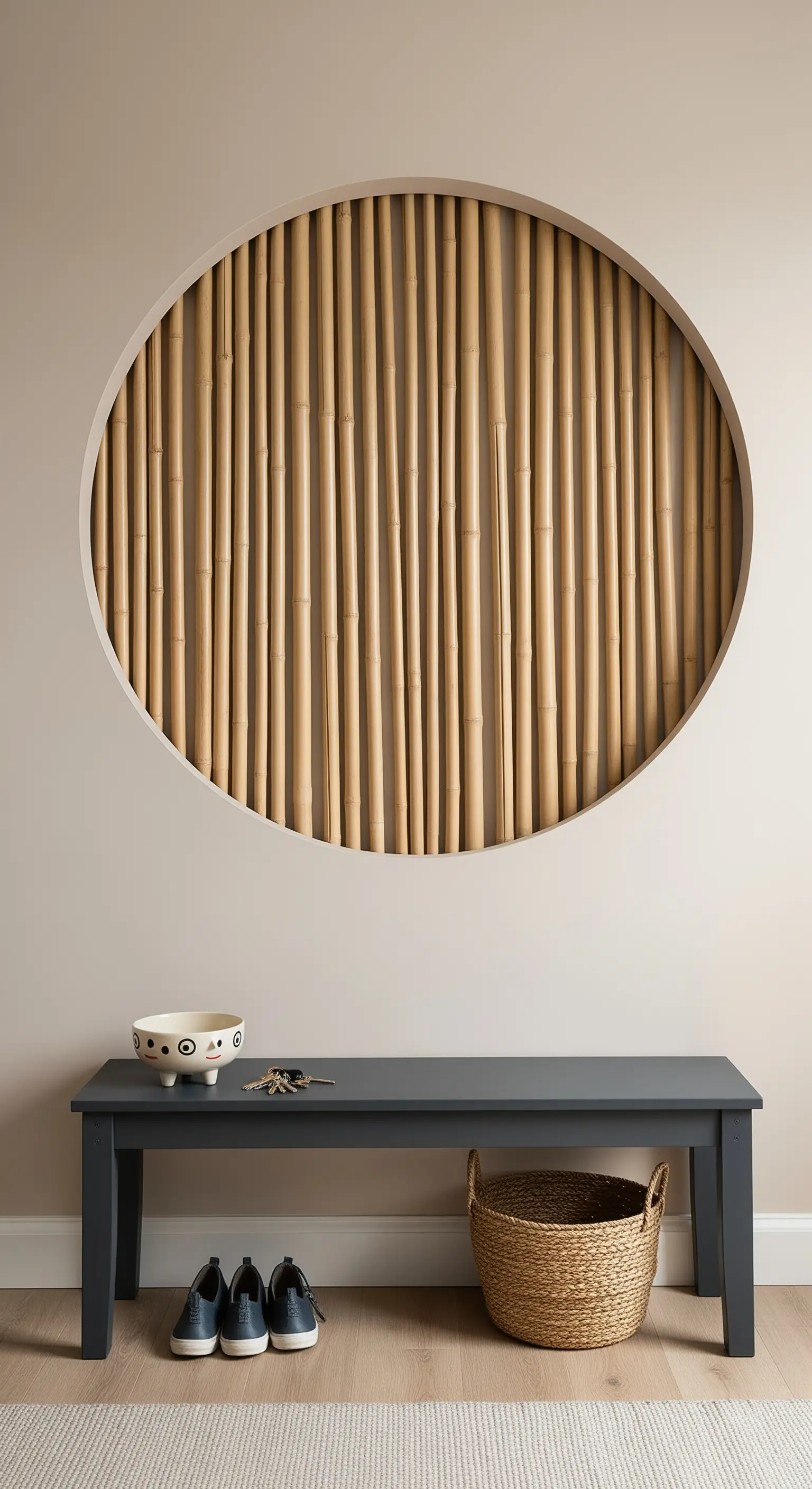 Panca scura sotto un'apertura circolare a muro riempita con canne di bambù verticali.