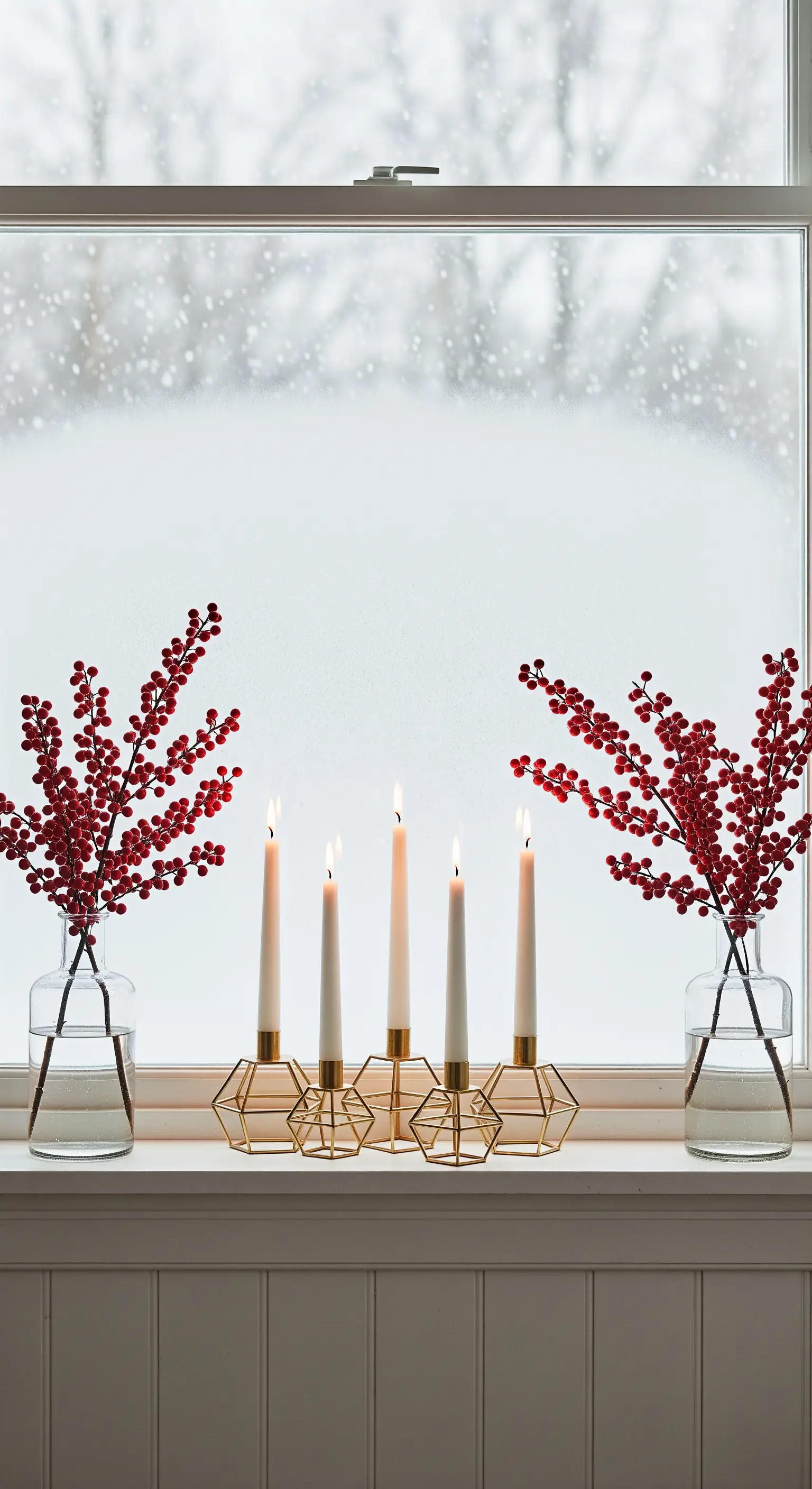 Davanzale decorato con candelabro dorato e vasi con bacche rosse su sfondo innevato.