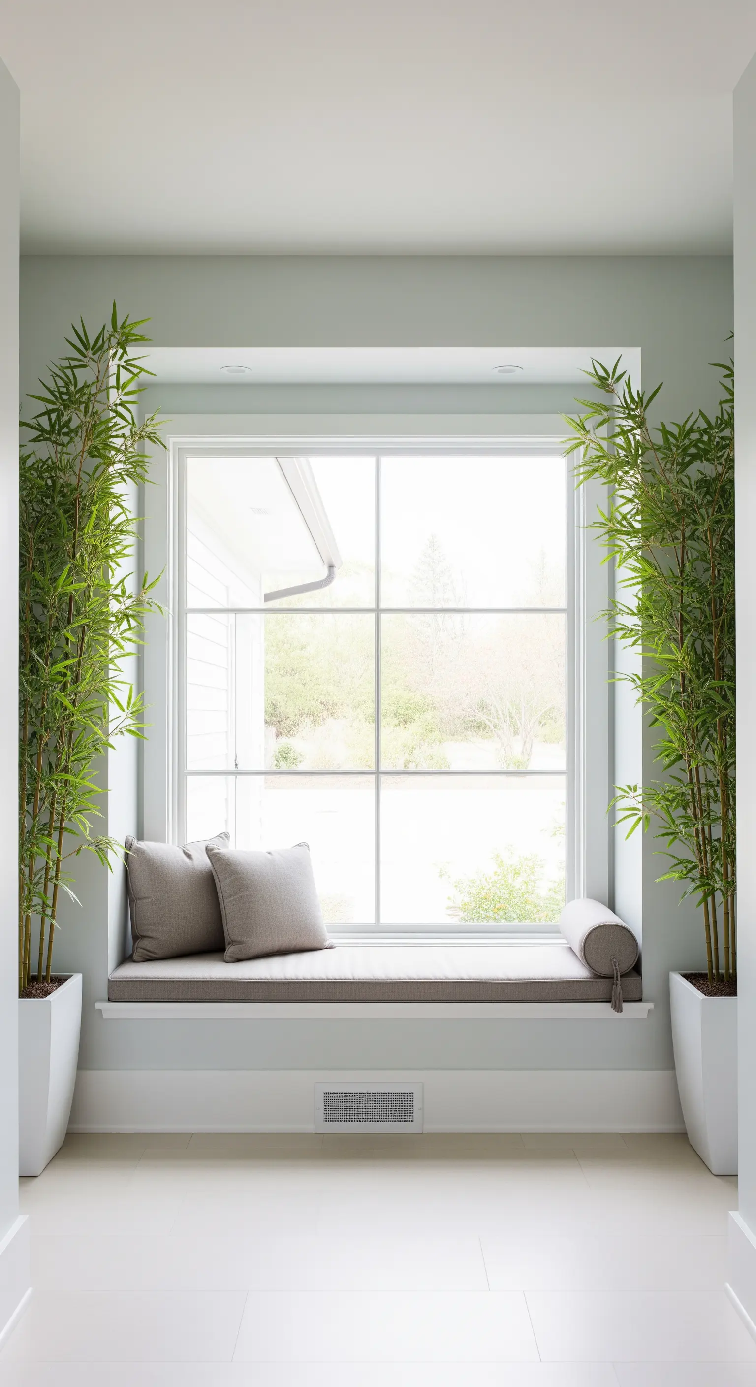 Panca a finestra con cuscini neutri, incorniciata da due alte piante di bambù in vasi bianchi.