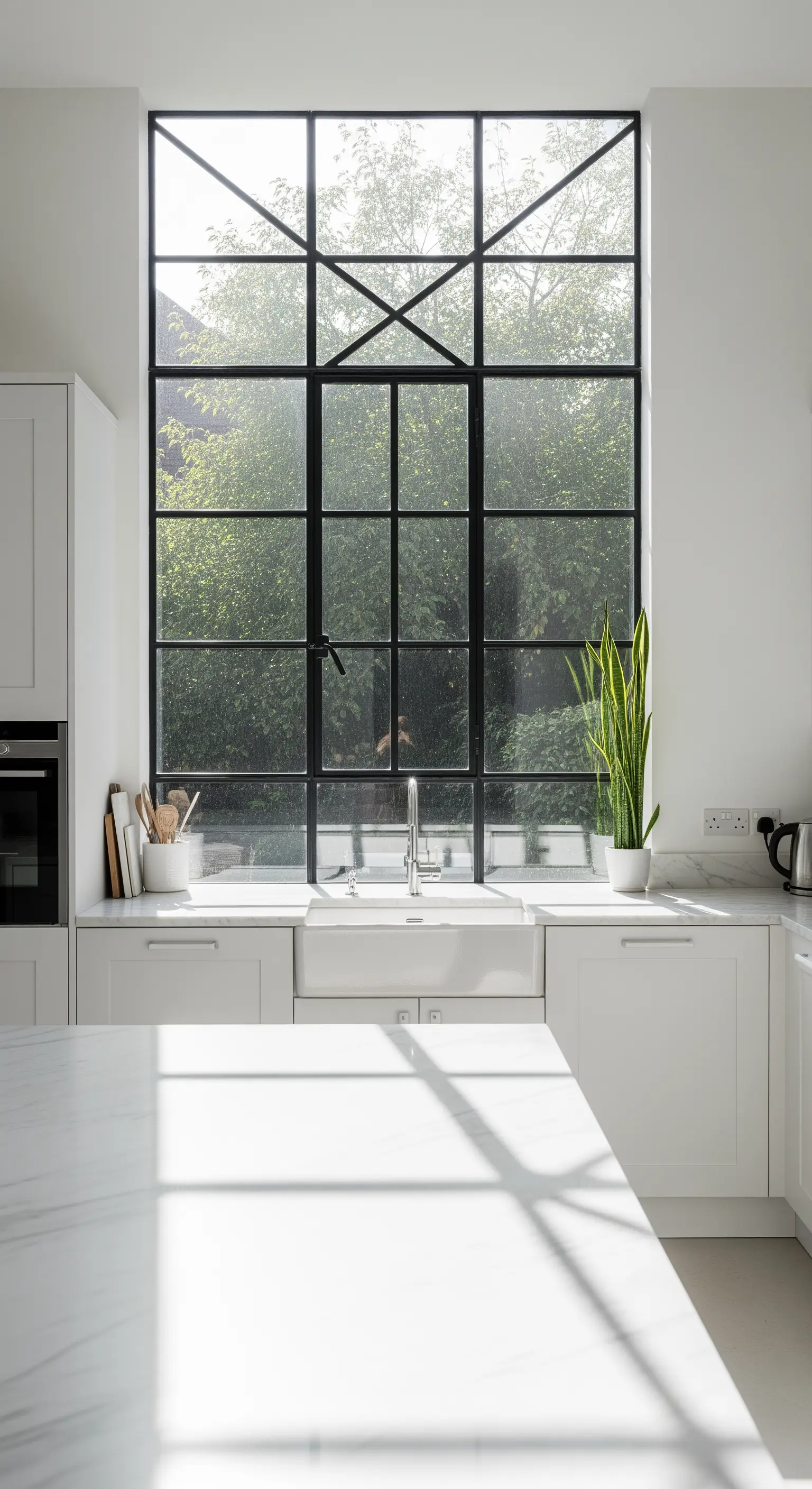 Cucina bianca con una grande finestra con infissi neri a griglia sopra il lavello.