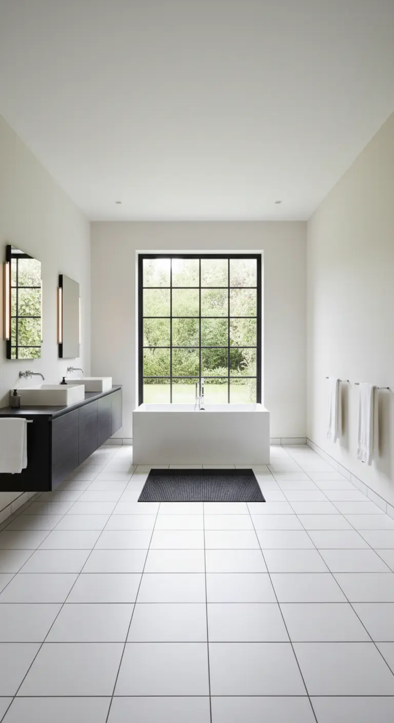 Ampio bagno minimalista con grande finestra a quadrati neri affacciata sul verde.