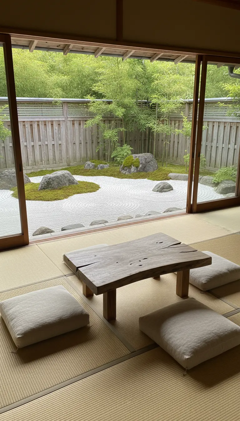 Tavolino basso in legno grezzo e cuscini di fronte a una vetrata aperta su un giardino zen.