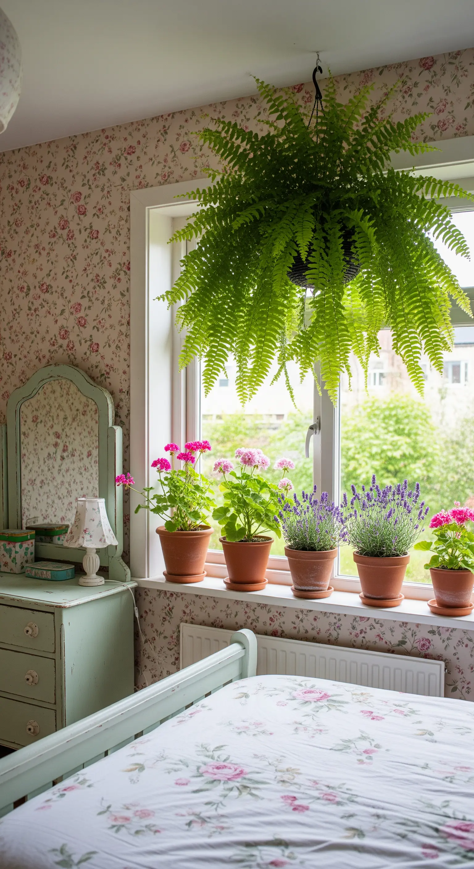 Davanzale di una finestra in una camera shabby chic, decorato con gerani, lavanda e una felce appesa.