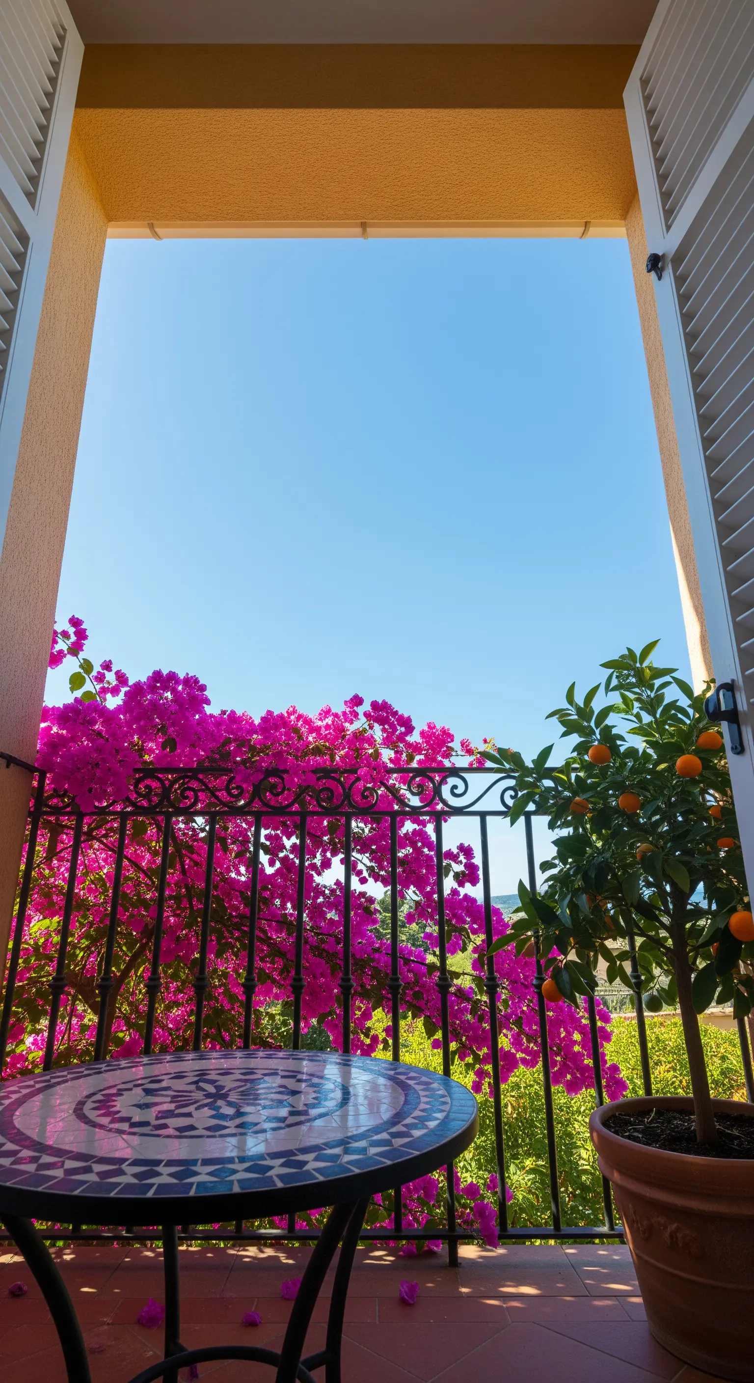 Vista da una finestra su un balcone con tavolo in mosaico, bouganville e un albero di arancio.