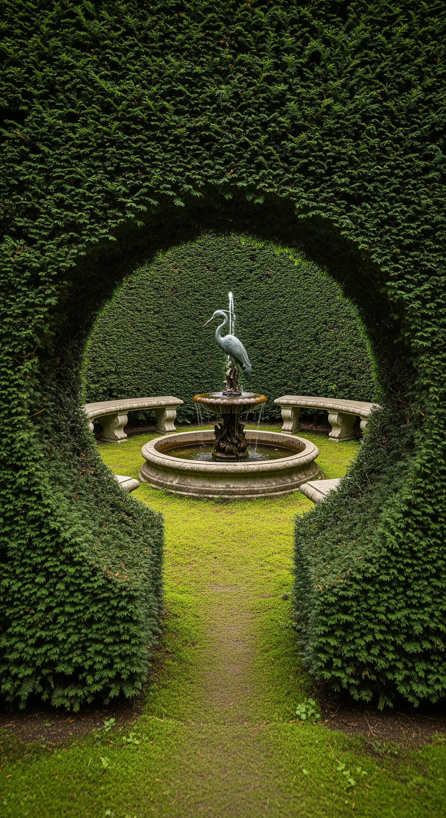 Fontana con statua di un airone, vista attraverso un'apertura circolare in una siepe.