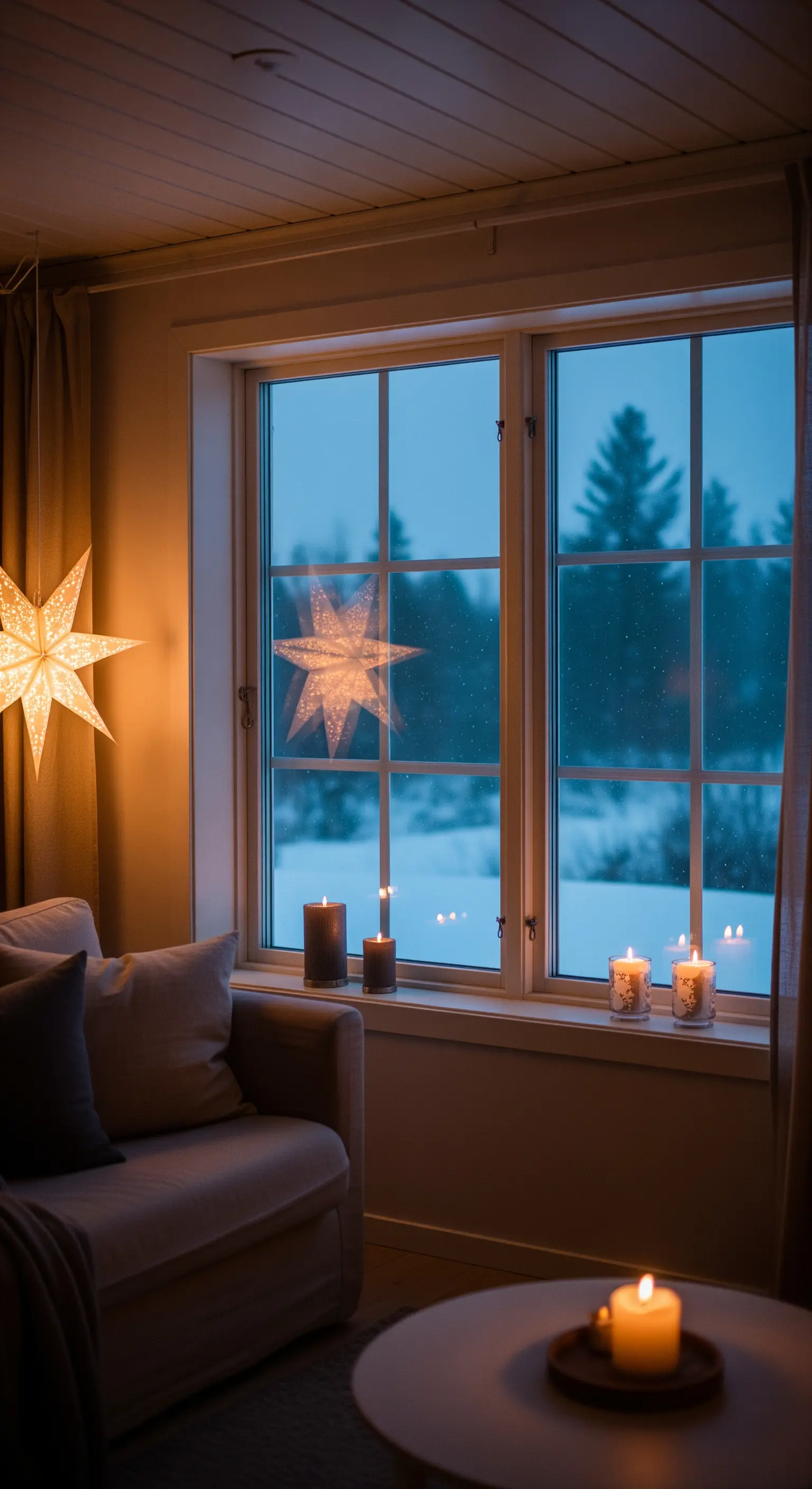 Finestra di sera illuminata da una stella di carta e da candele sul davanzale.