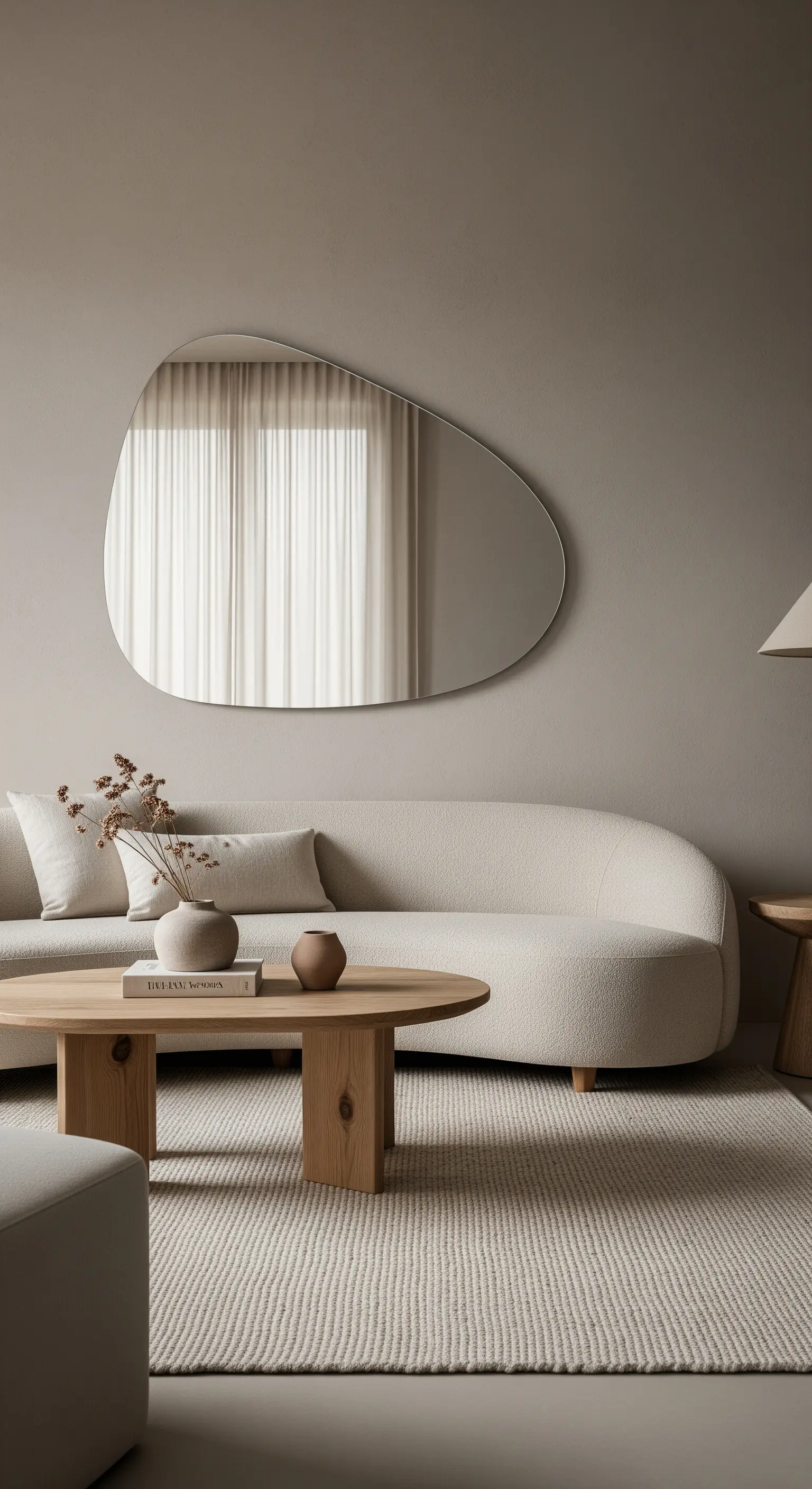 Specchio di forma organica e irregolare appeso su una parete color talpa sopra un divano curvo.