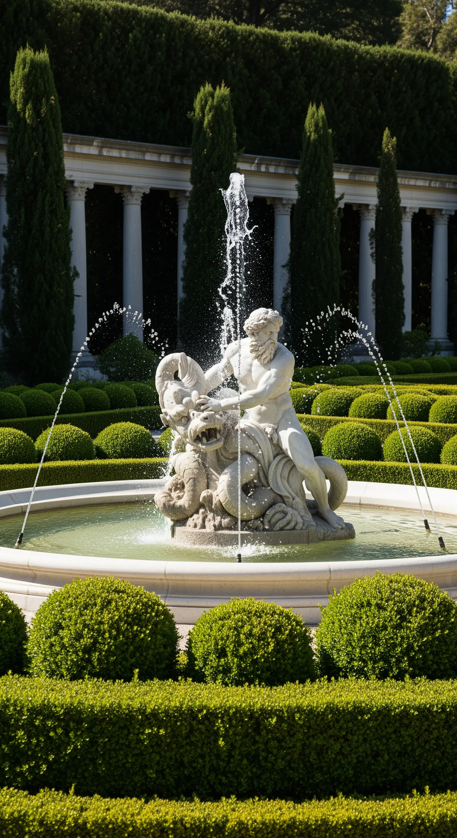 Fontana scultorea con statua di Nettuno, circondata da siepi di bosso sferiche.