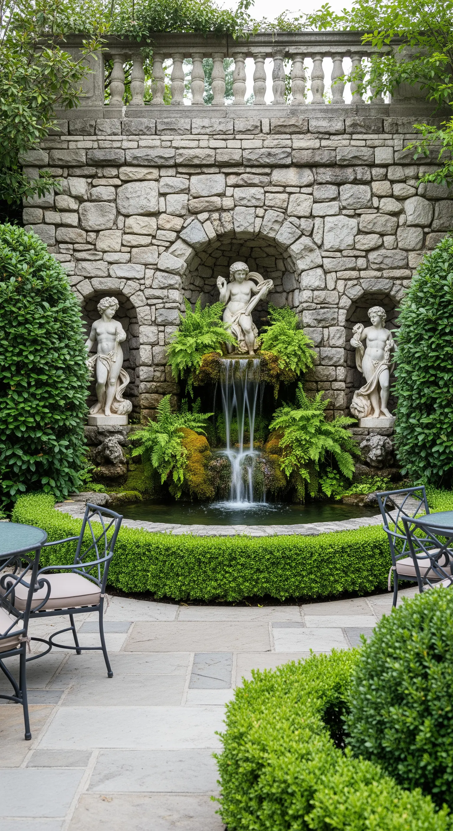 Fontana a cascata inserita in un muro di pietra, con statue di putti in tre nicchie ad arco.